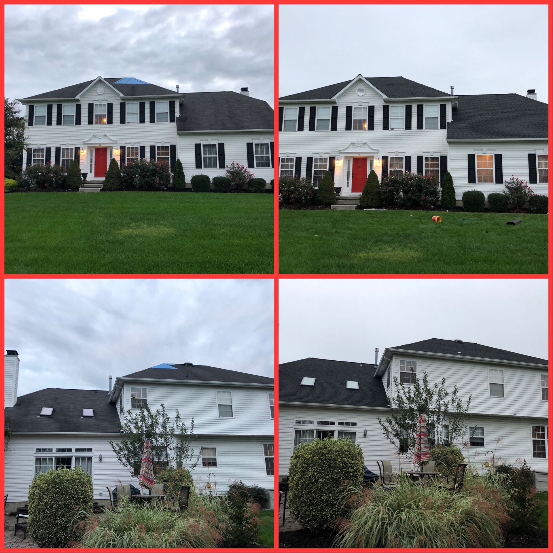 Four images of a two-story white house with a red door, black shutters, and a green lawn, in different lighting.