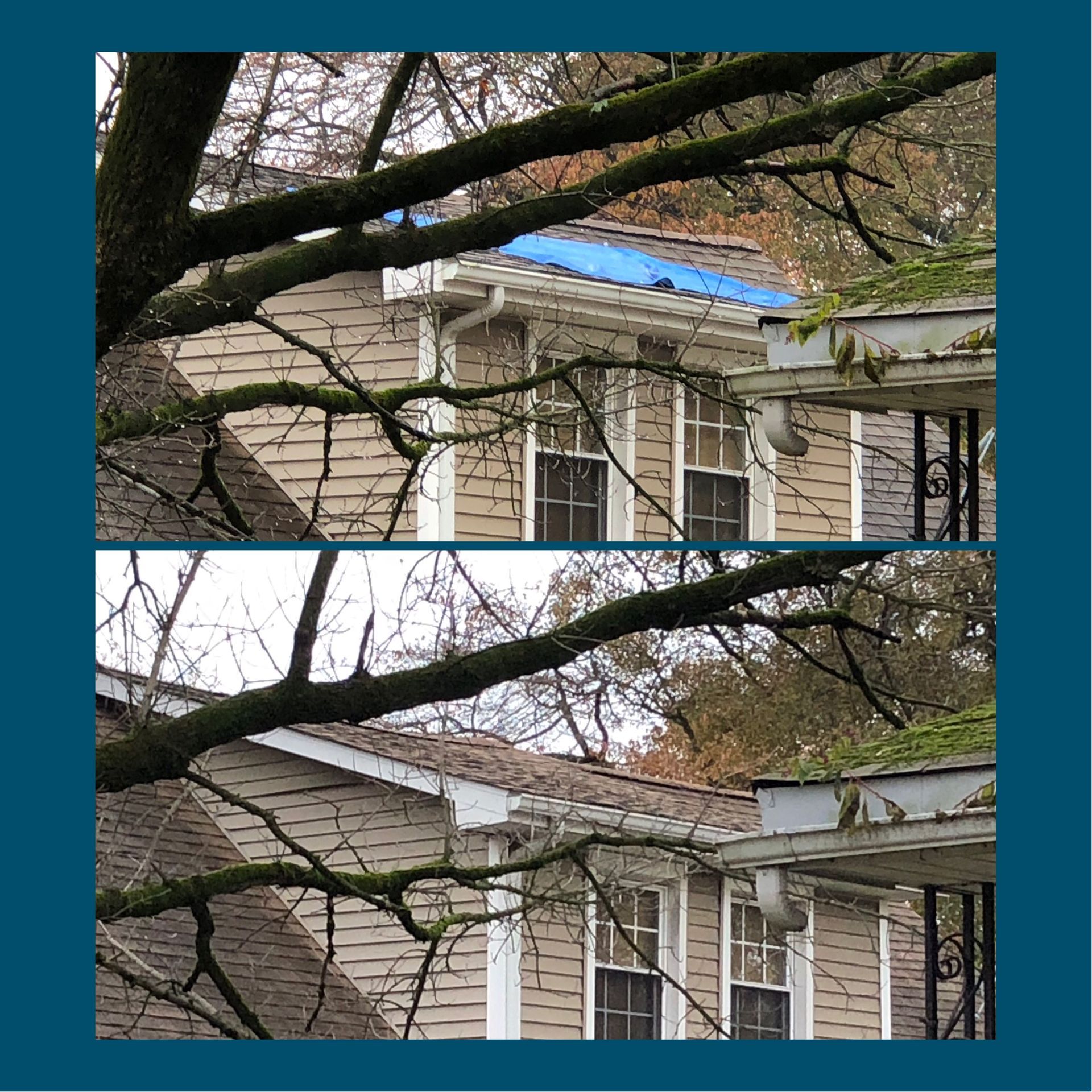 Top: House with blue tarp on roof. Bottom: House with repaired roof. Tree branches frame view.