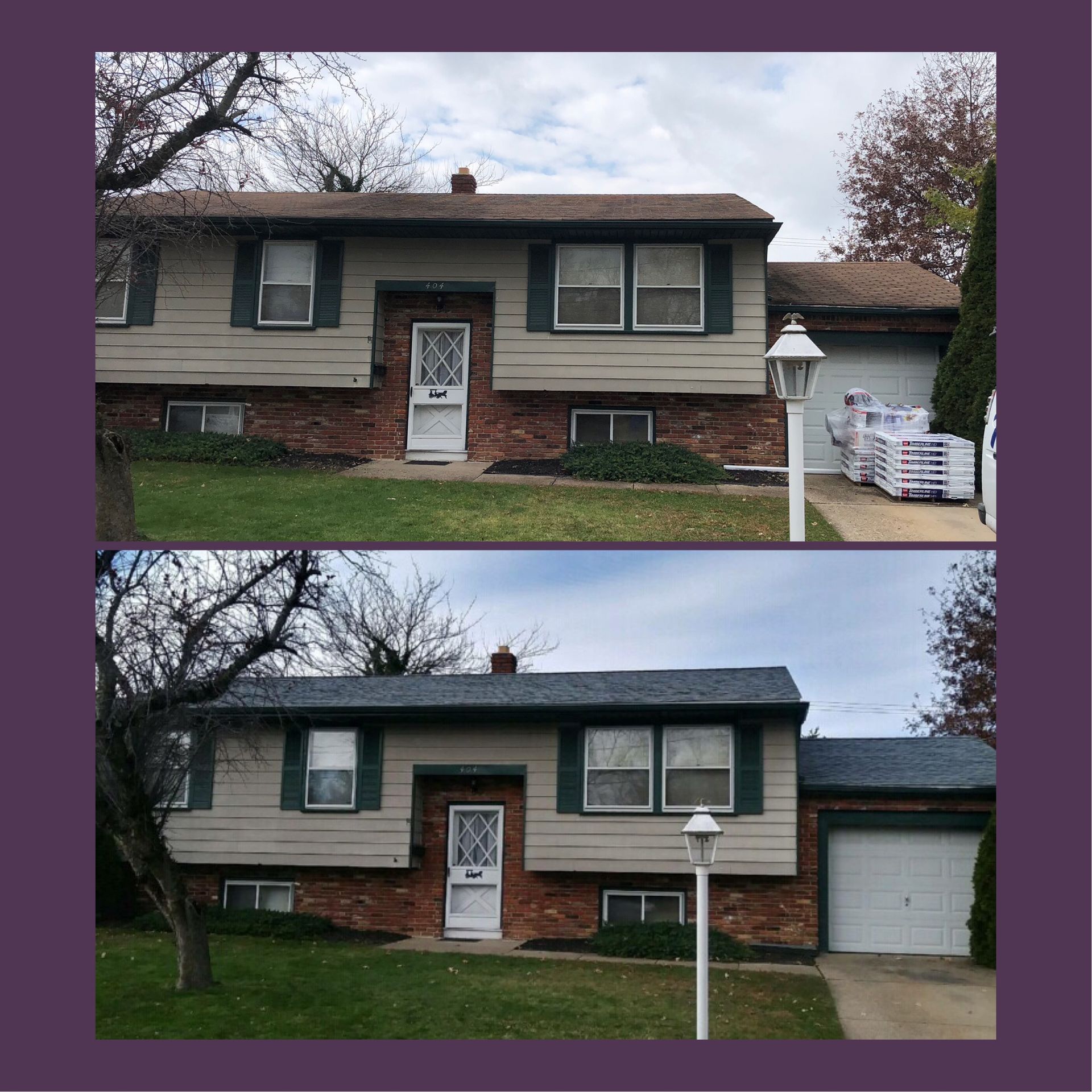 Before and after view of a home with a newly replaced gray roof.