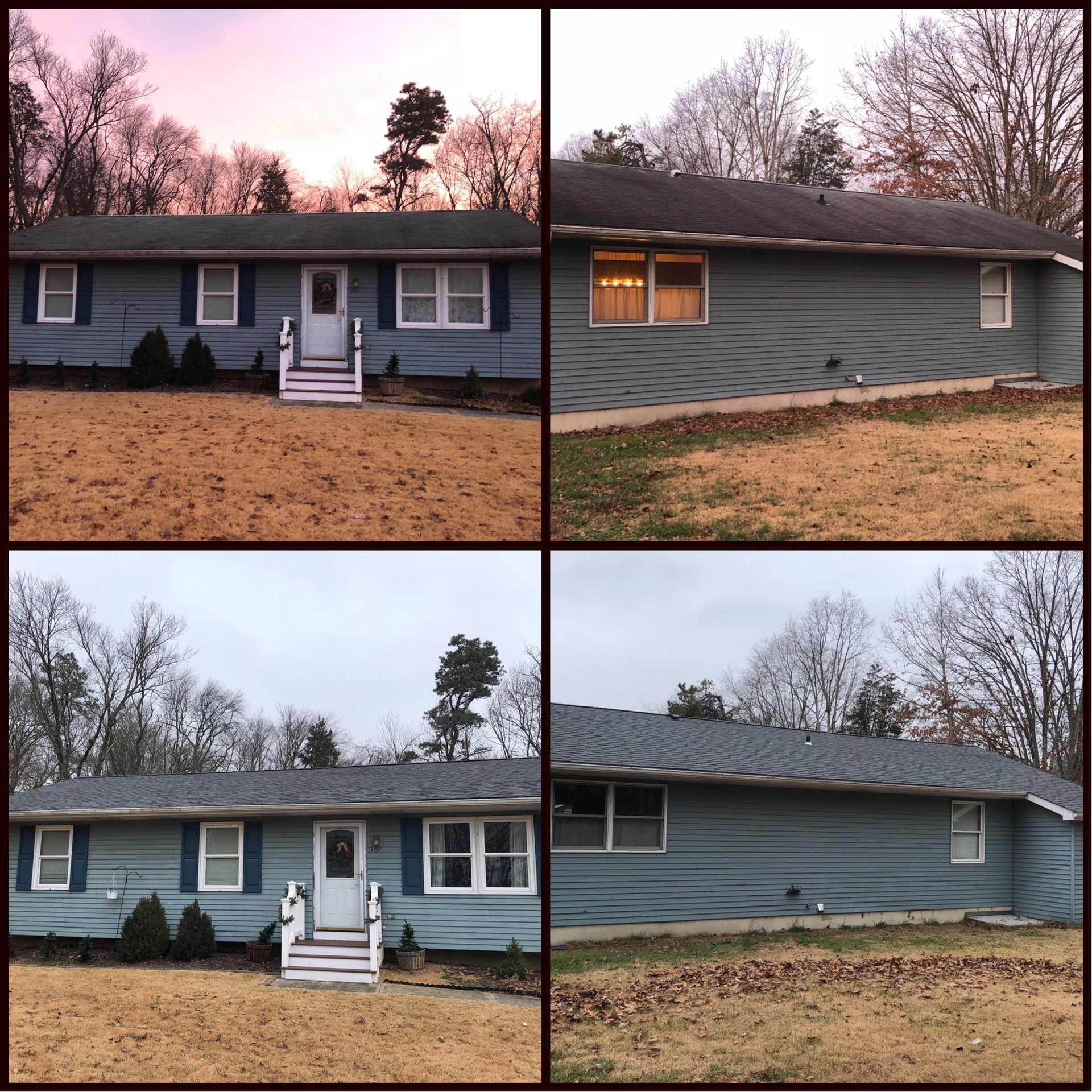 Four photos of a light blue house with white trim in different lighting. Trees and dry grass in the yard.