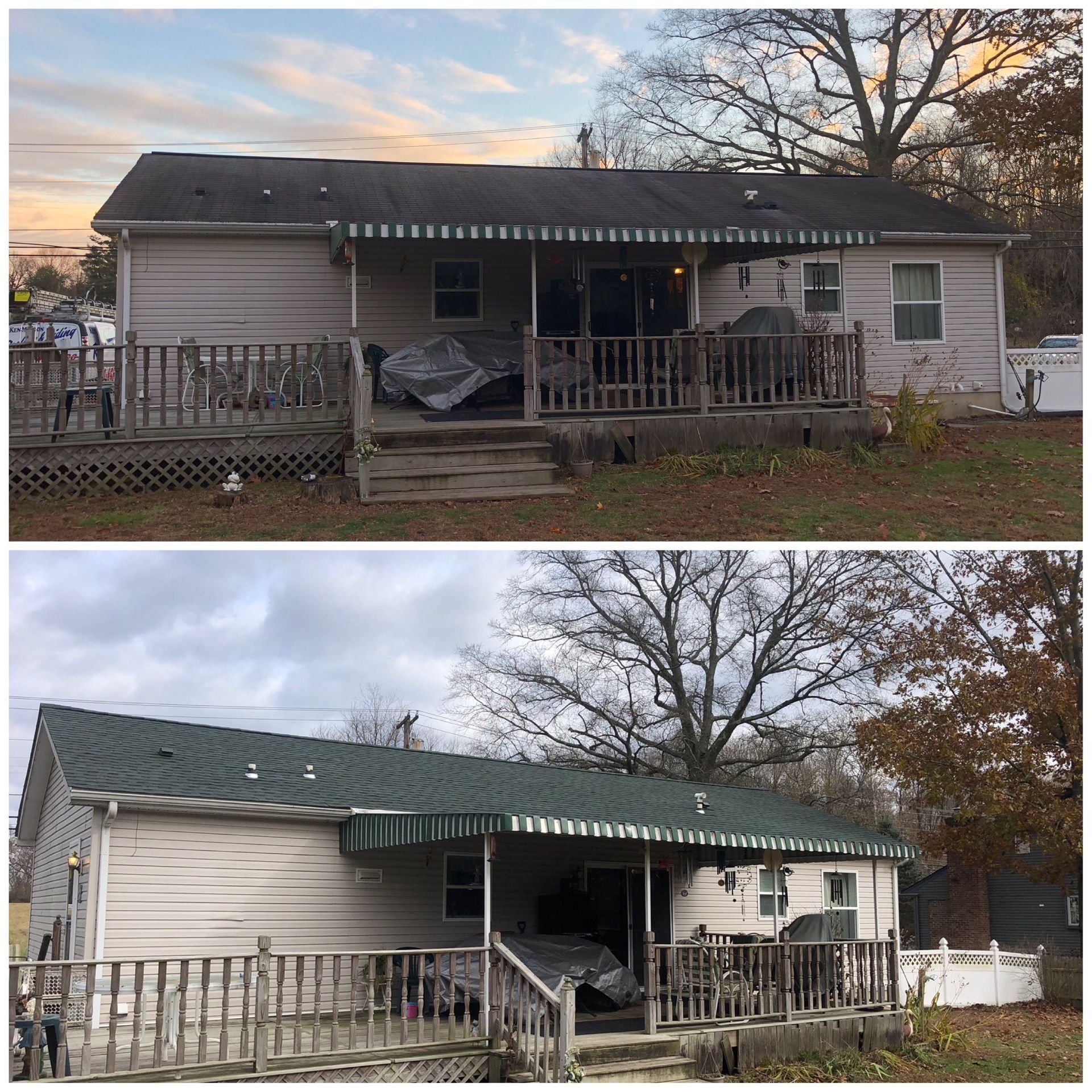 Before and after photos of a house. The top photo is dirty, the bottom is clean. Grey siding, green roof, wooden porch.