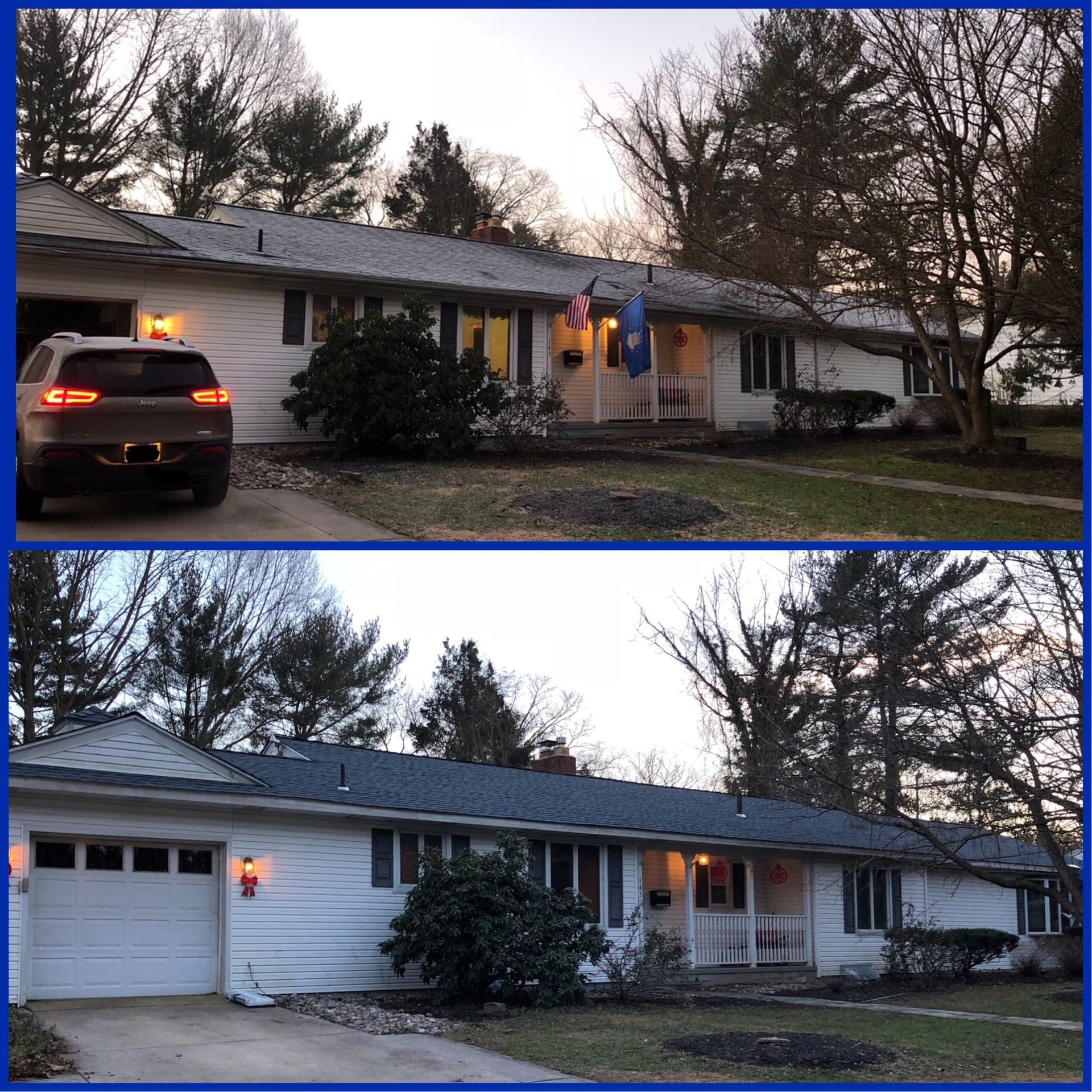 A split image of a white house with a car in the driveway. The lights are on in both.