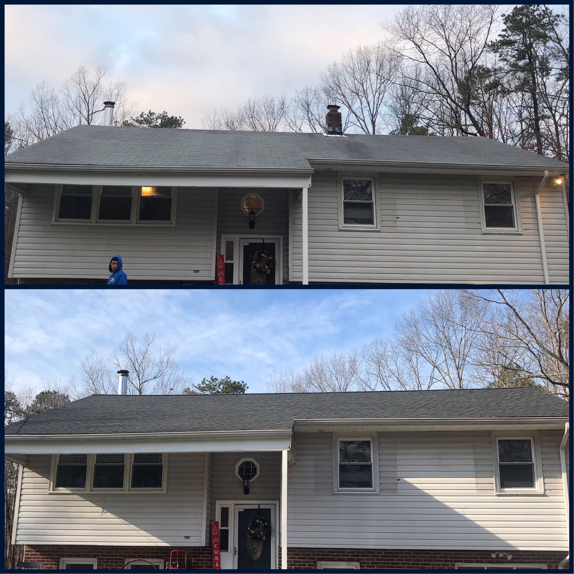 Before-and-after comparison of a house exterior: top is dirty, bottom is clean after power washing.