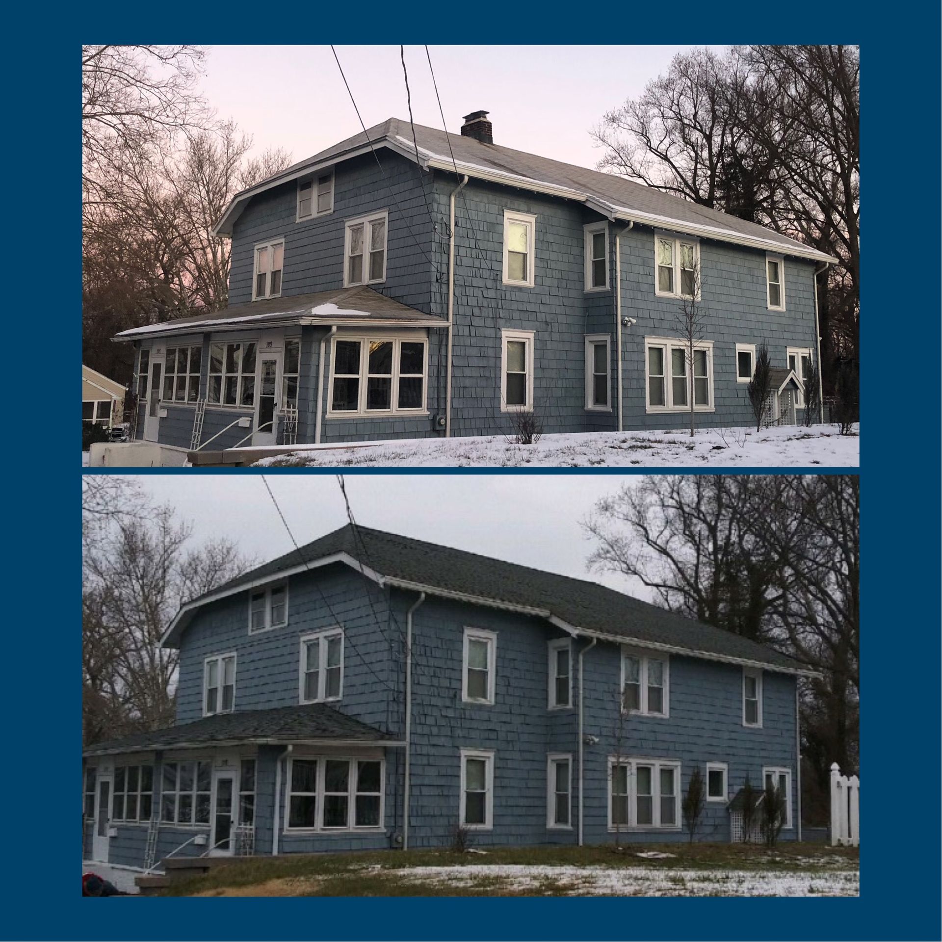 Two-story blue house with a snow-covered yard; top photo has a light roof, bottom has a dark green roof.
