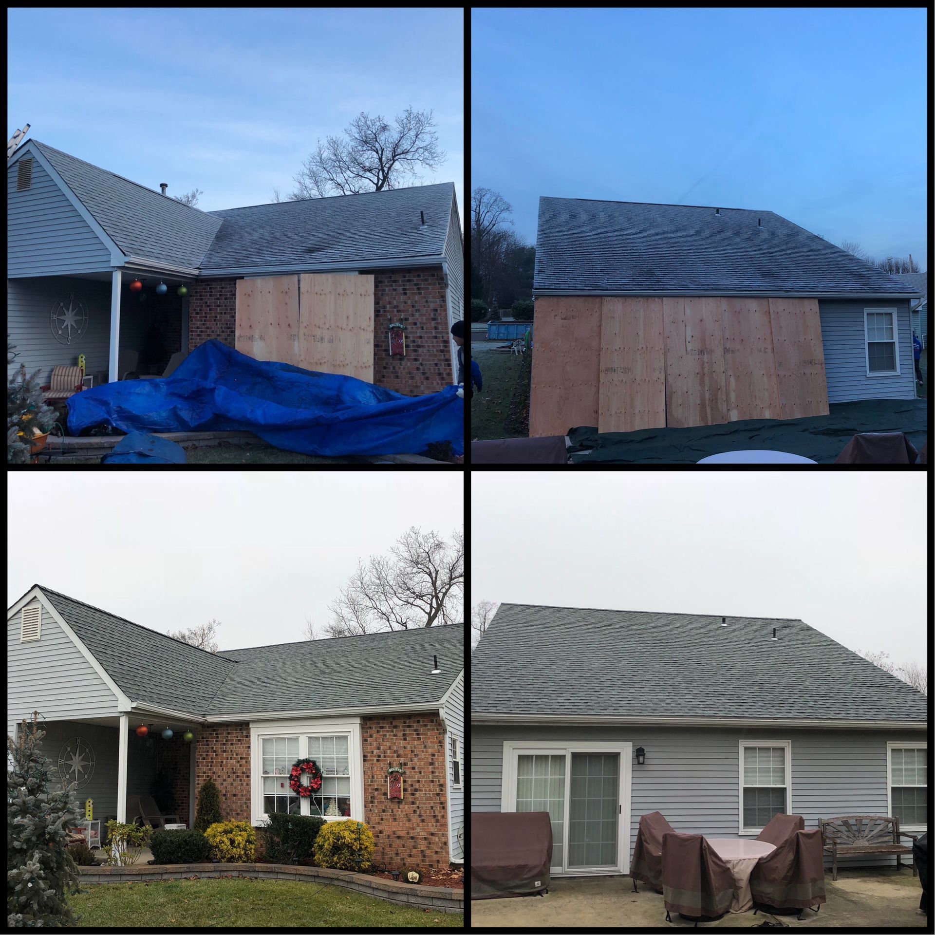 Four views of a house; one shows plywood covering, others show the finished gray roof.