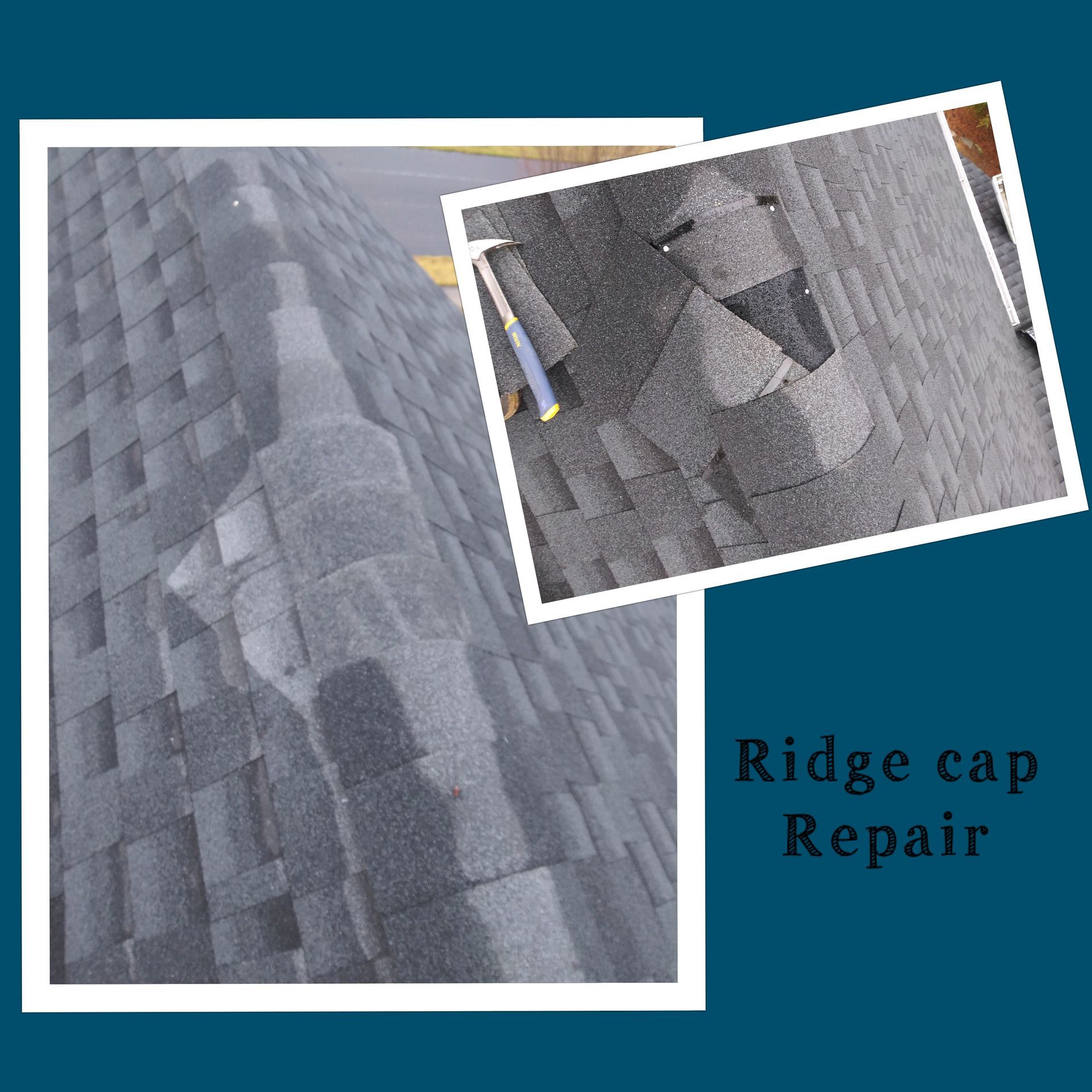 Roof with damaged ridge cap being repaired.