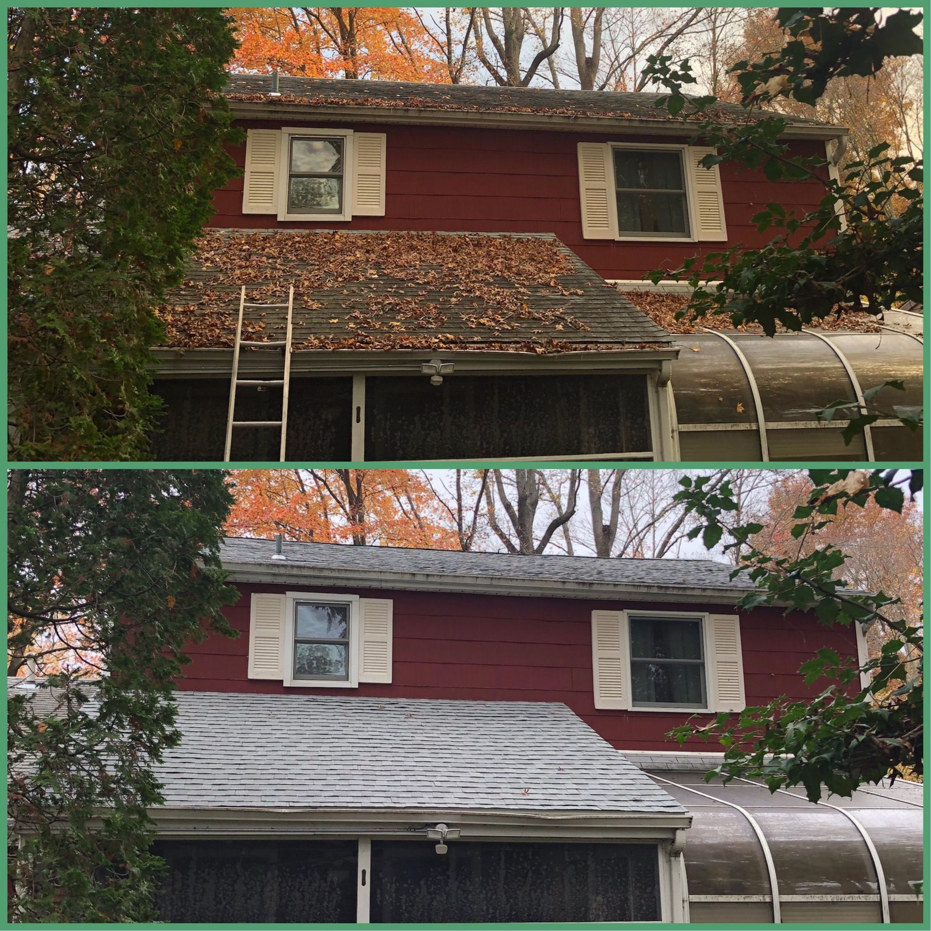 Before and after photos of a red house with leaves on its roof, then the roof is cleaned.