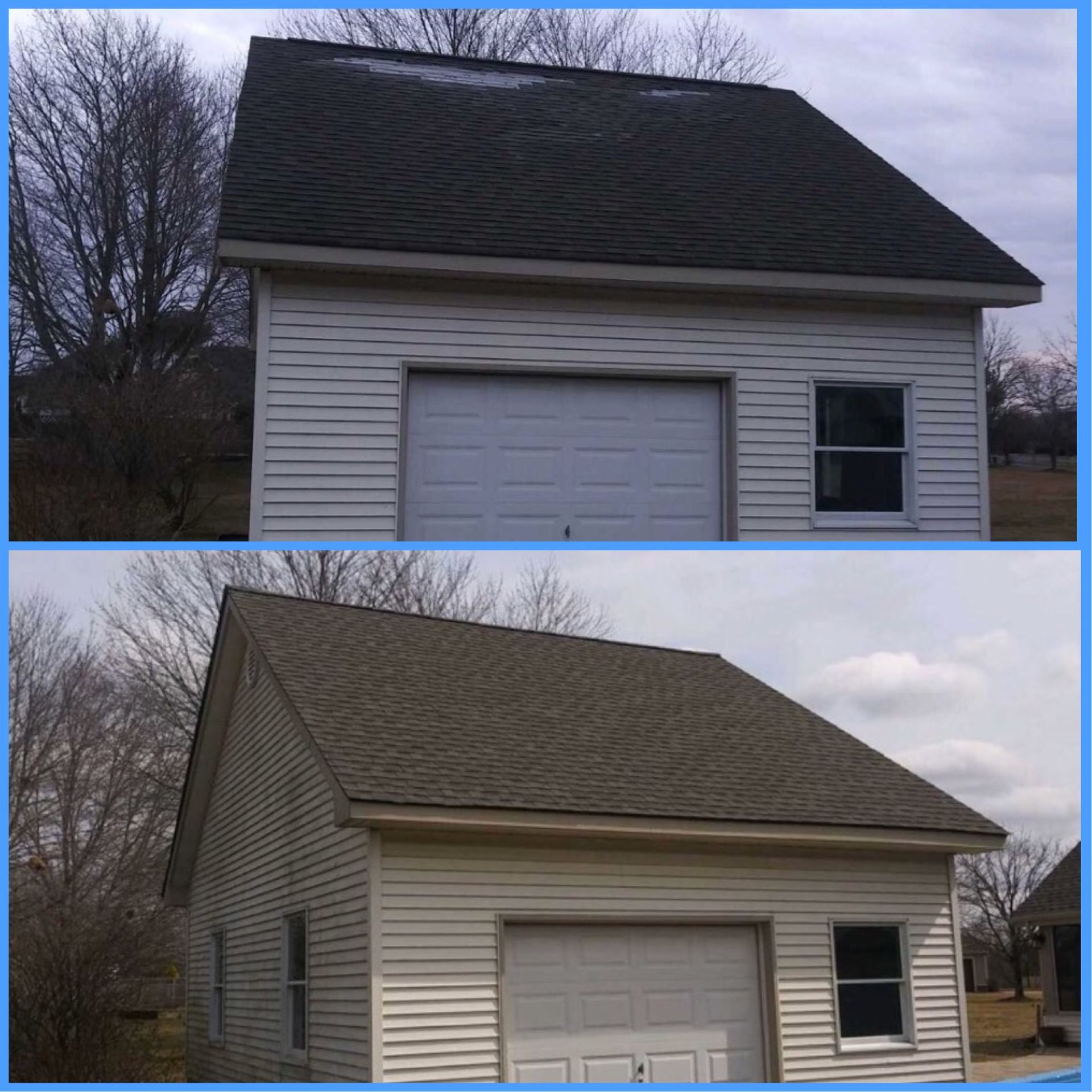 Before and after of a garage with roof cleaning; dark roof transforms to lighter brown.