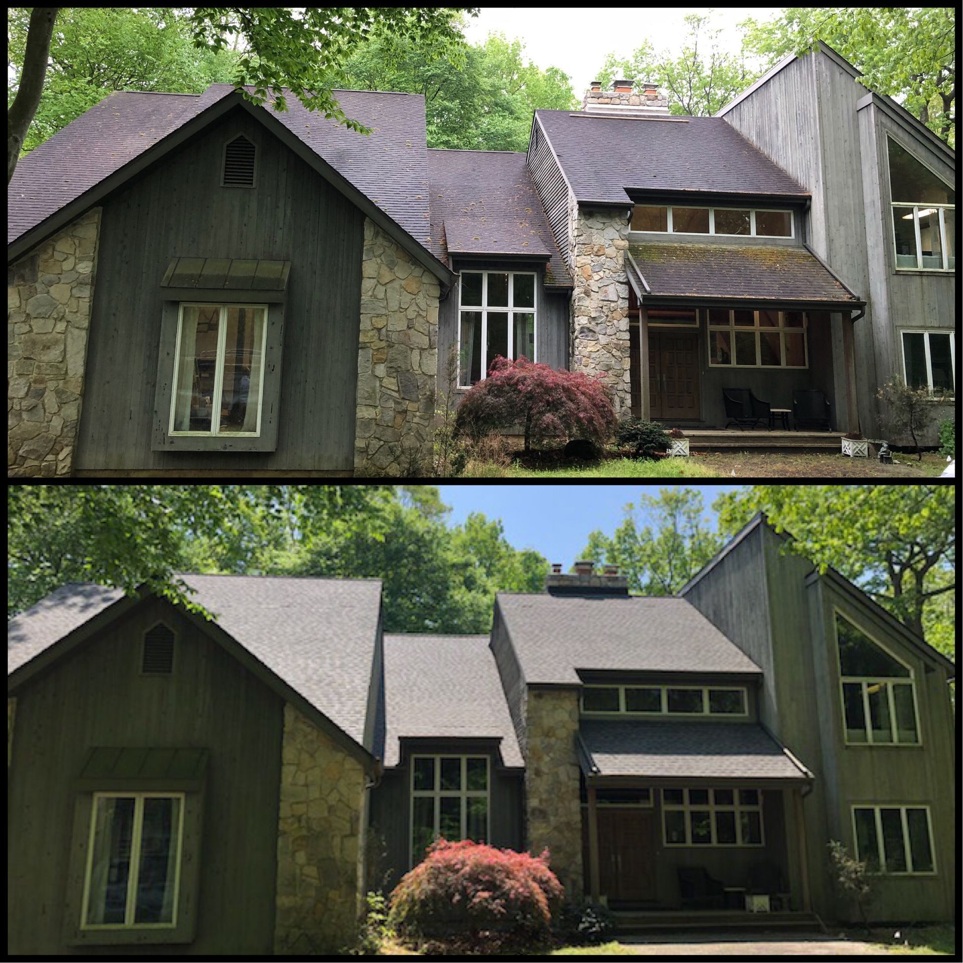 Before and after images of a house exterior; top is dirty and mossy, bottom is clean and refreshed.