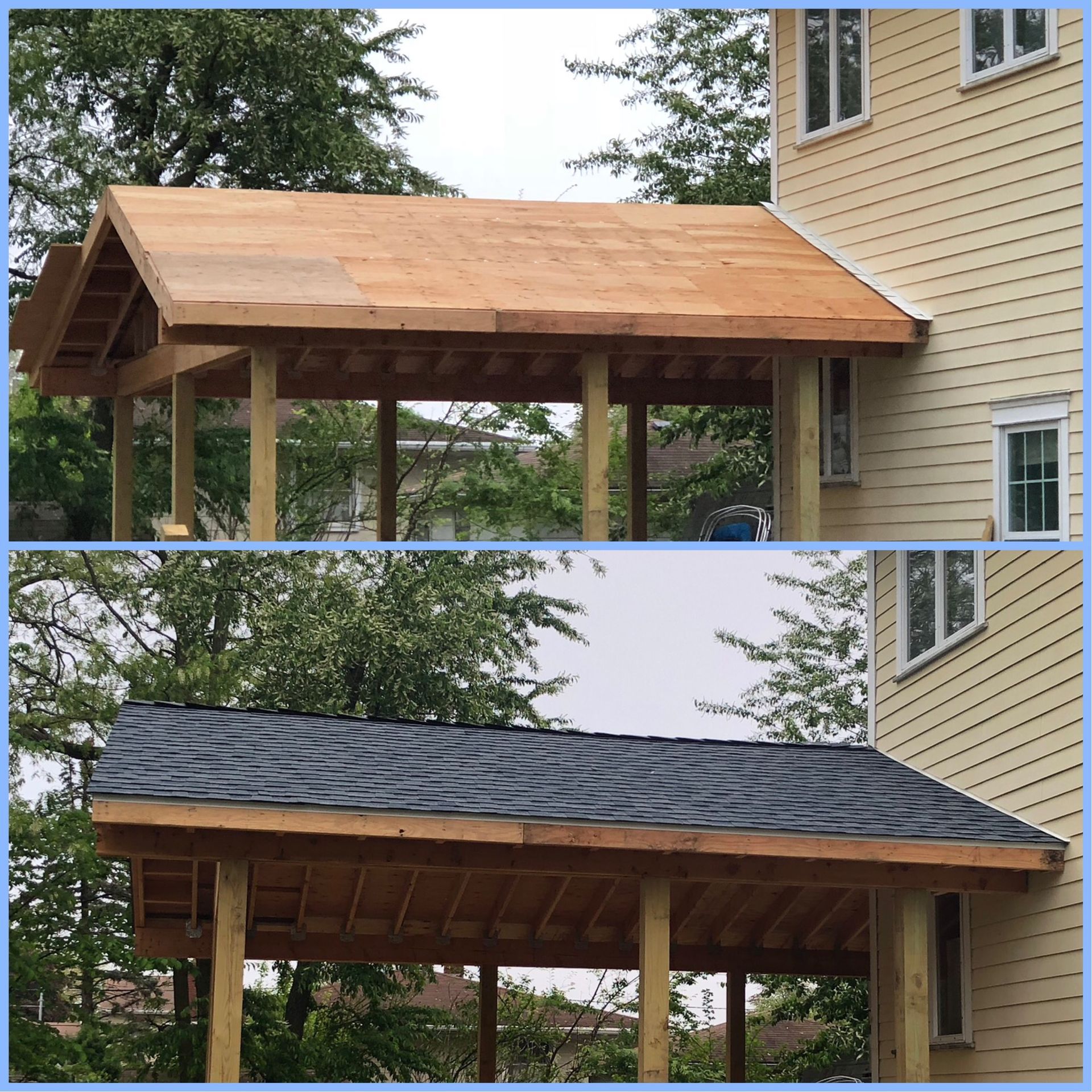 Two-part image shows a wooden porch roof with before and after shingles.