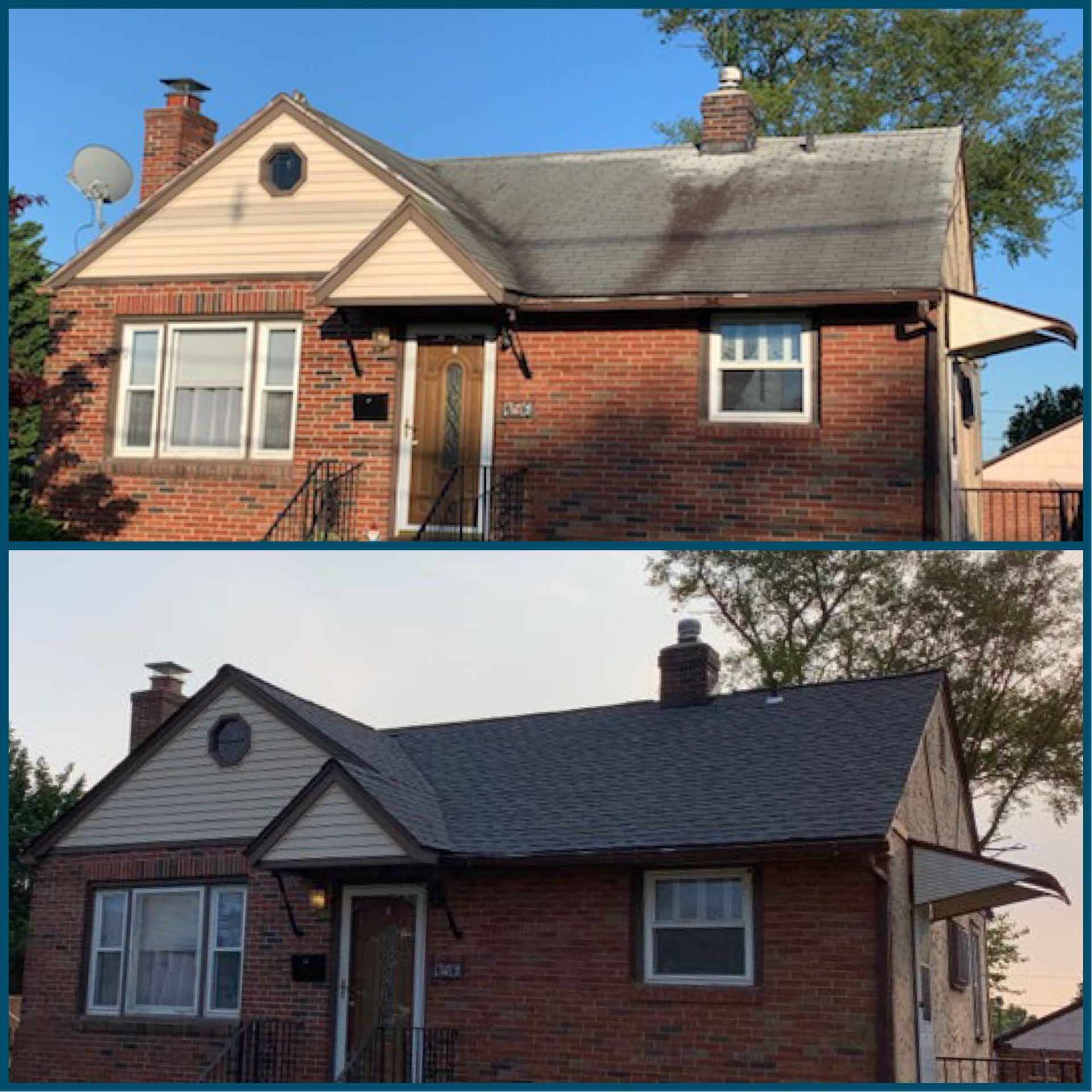 Before and after photos of a brick house. The roof appears cleaner in the second photo.