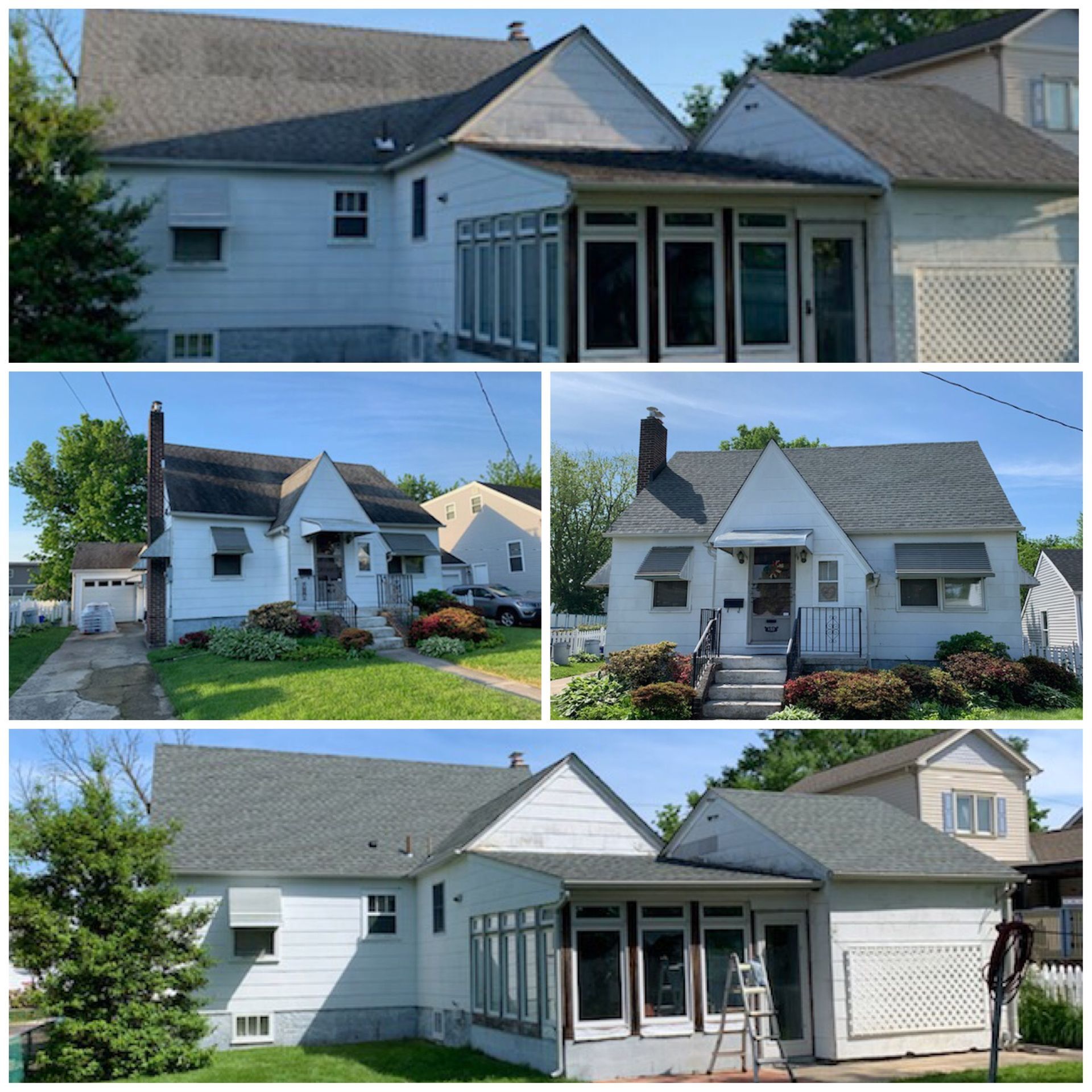 Three white houses with gray roofs and various architectural styles against a blue sky.