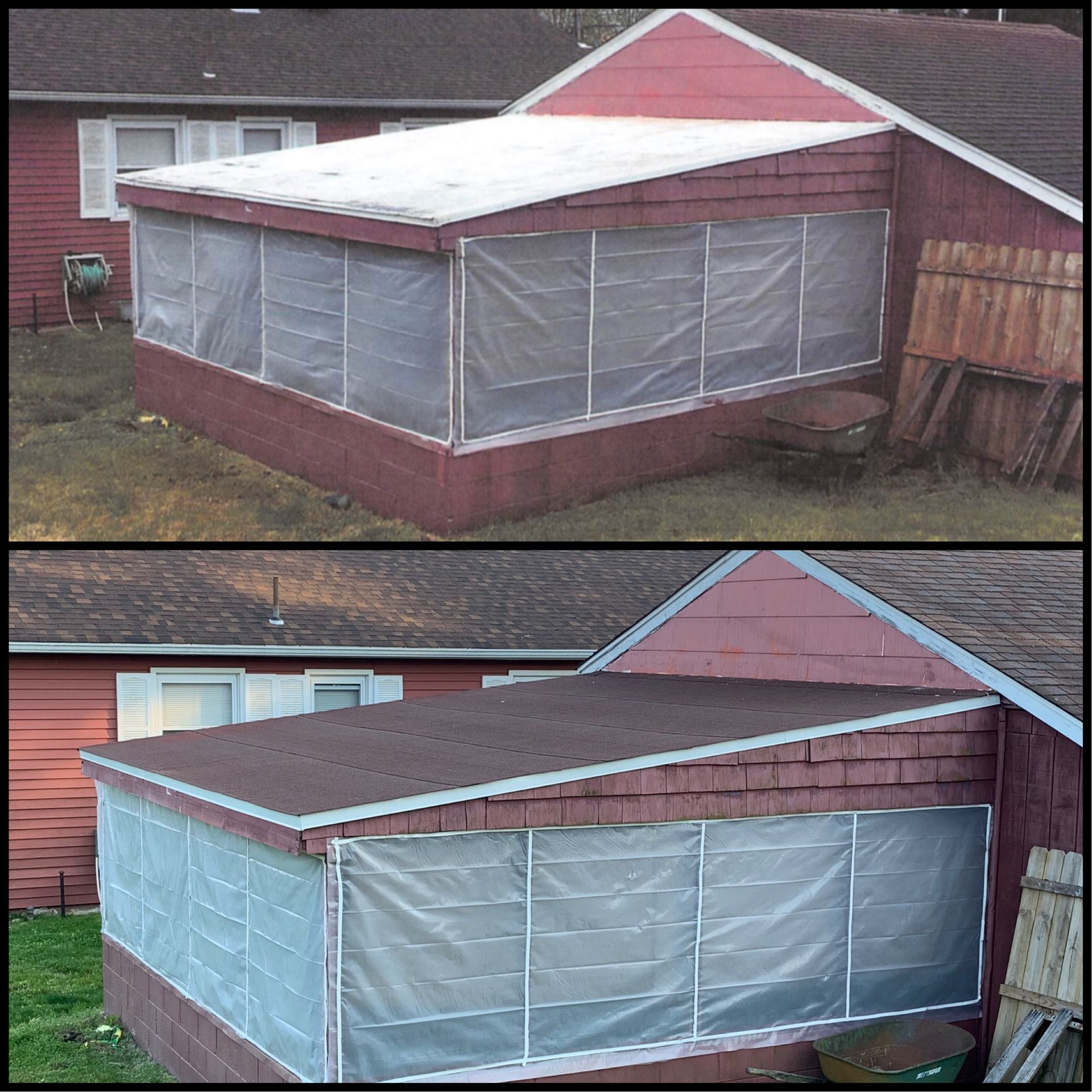 Two images of a red building with an enclosed porch. The top image shows a white roof, while the bottom has a brown roof.