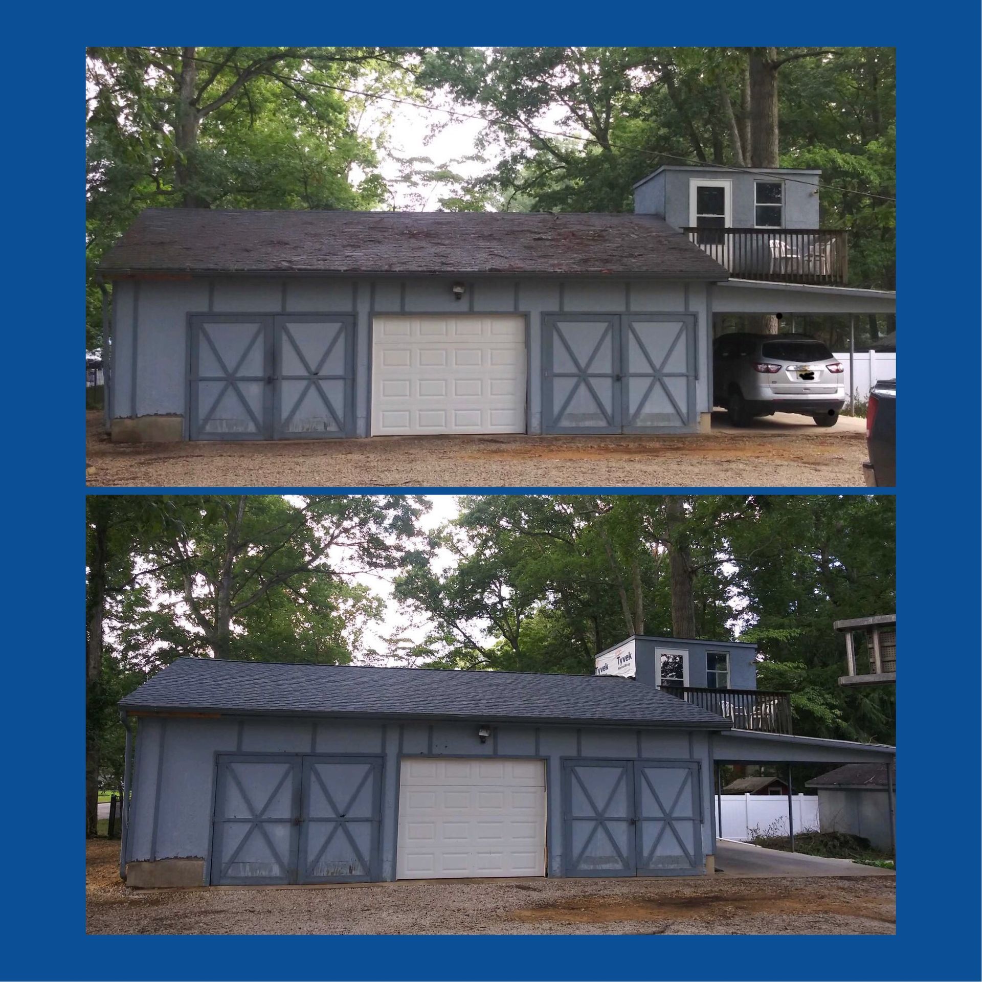 Two-panel comparison shows a gray shed before and after a new shingle roof installation.