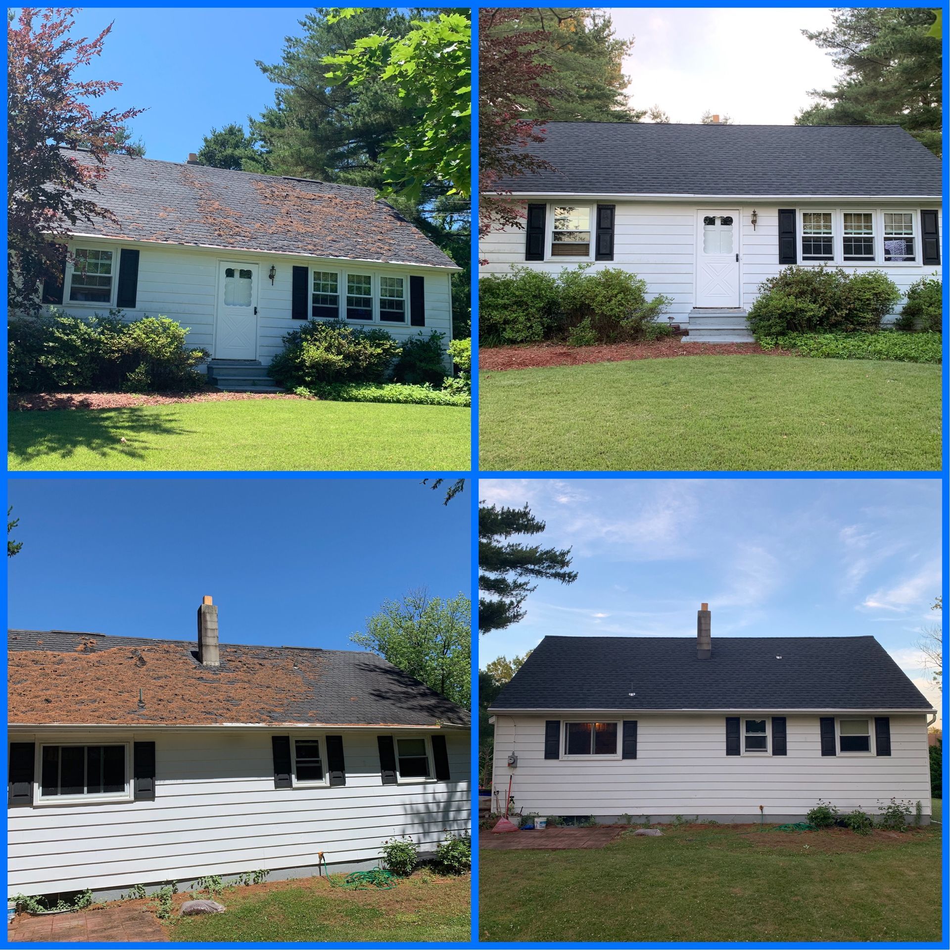 Four views of a white house with black shutters, showing before/after roof replacement, grassy yard, blue sky.