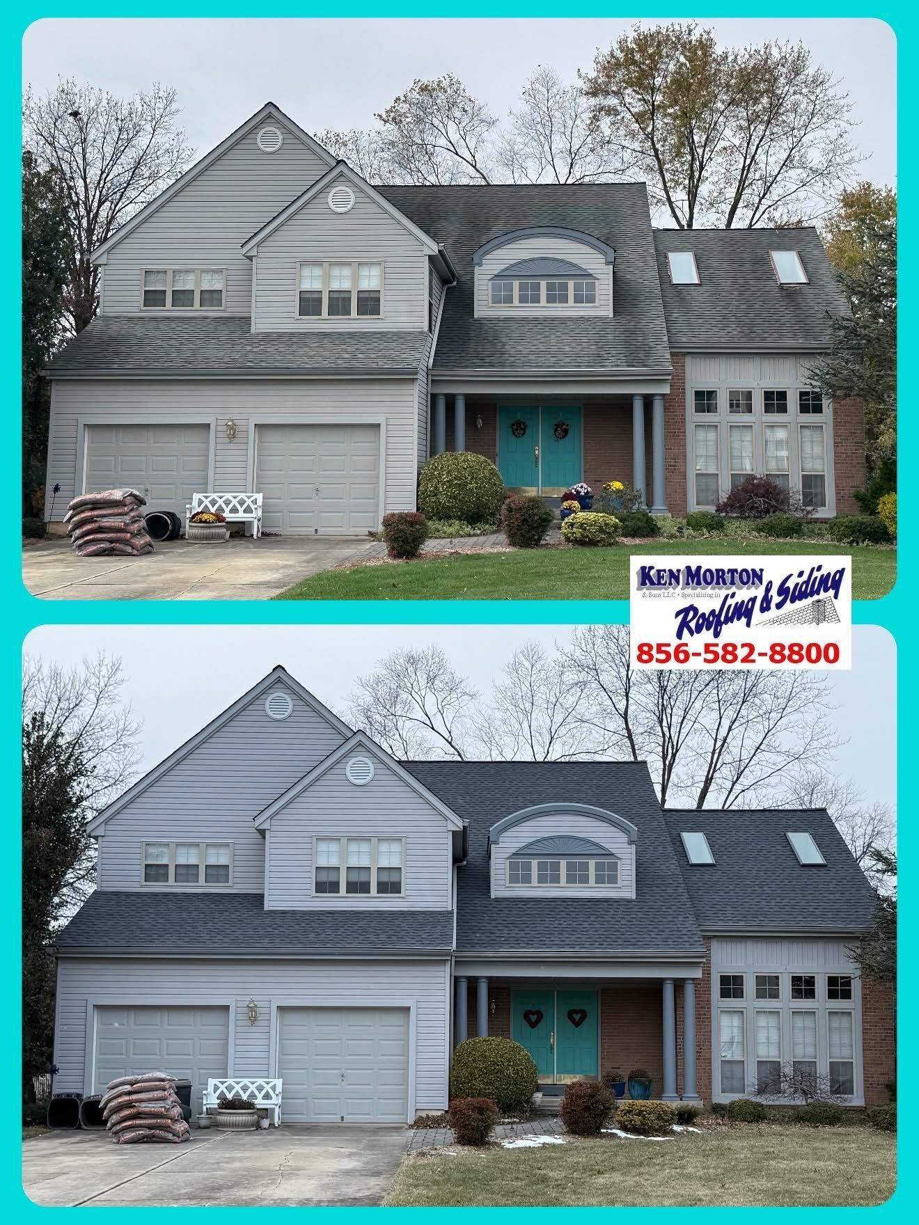 Before and after photo of a house with a new roof; the old roof is gray and the new roof is black.