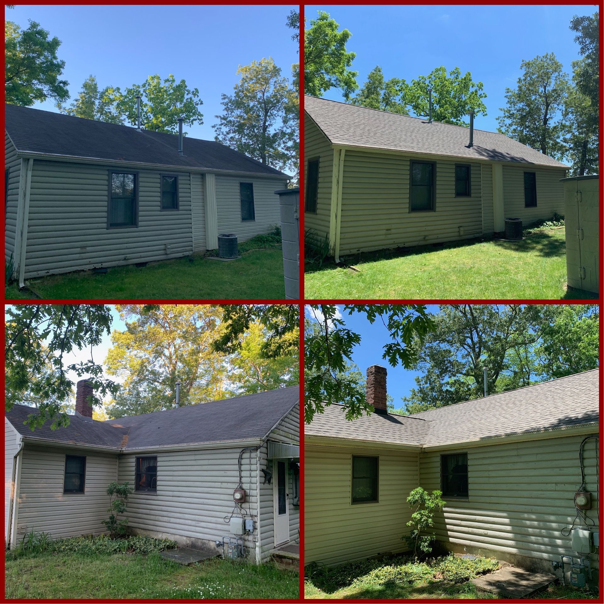 Four views of a one-story house with a dark roof and light siding against a blue sky, surrounded by trees.