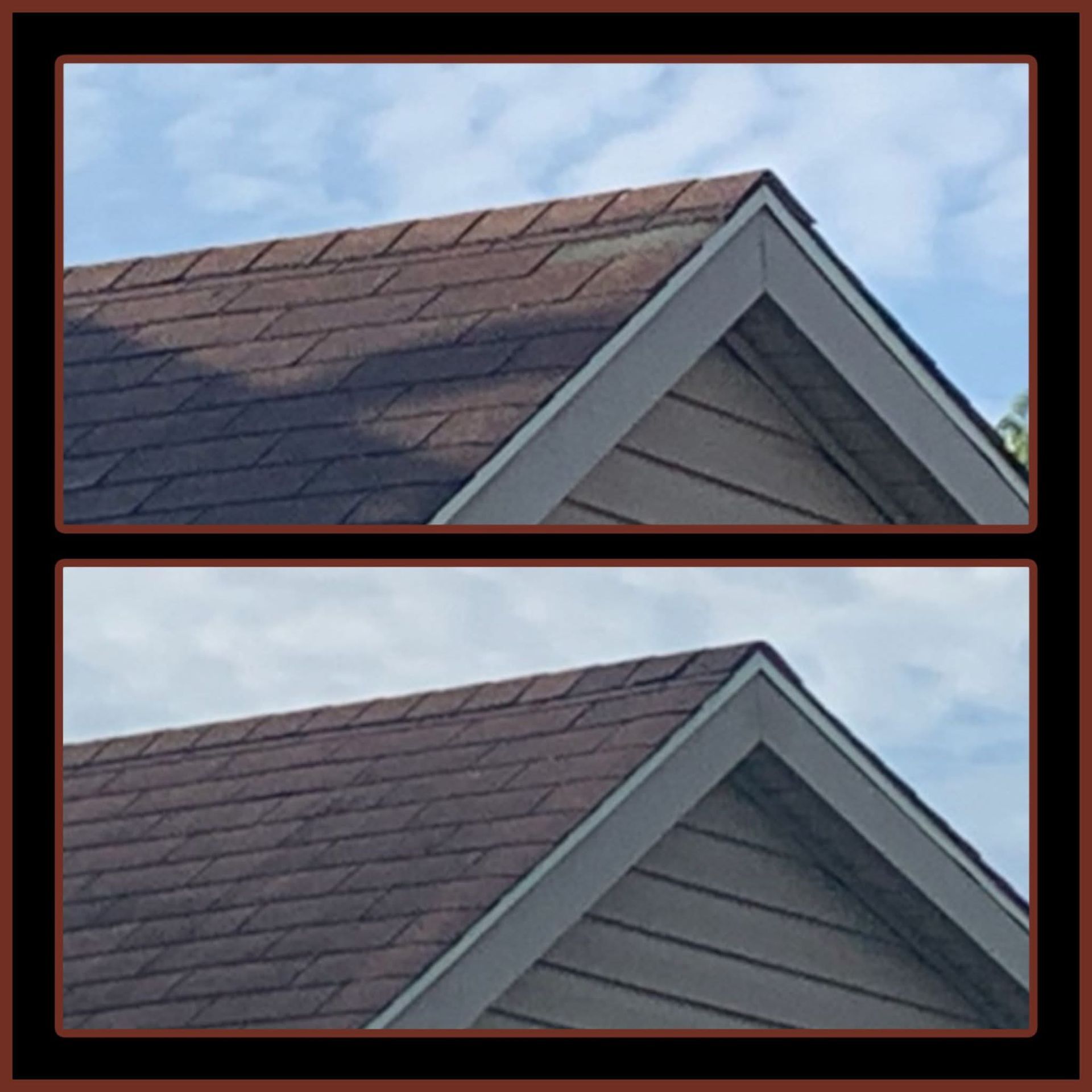 Two views of a dark brown shingled roof peak against a light blue sky; house siding below.