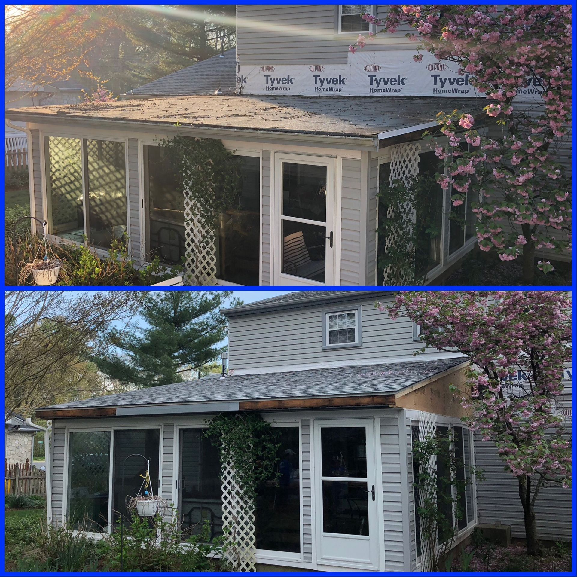 Before-and-after of a house sunroom. The top shows worn roof and siding. Bottom shows the renovated sunroom.