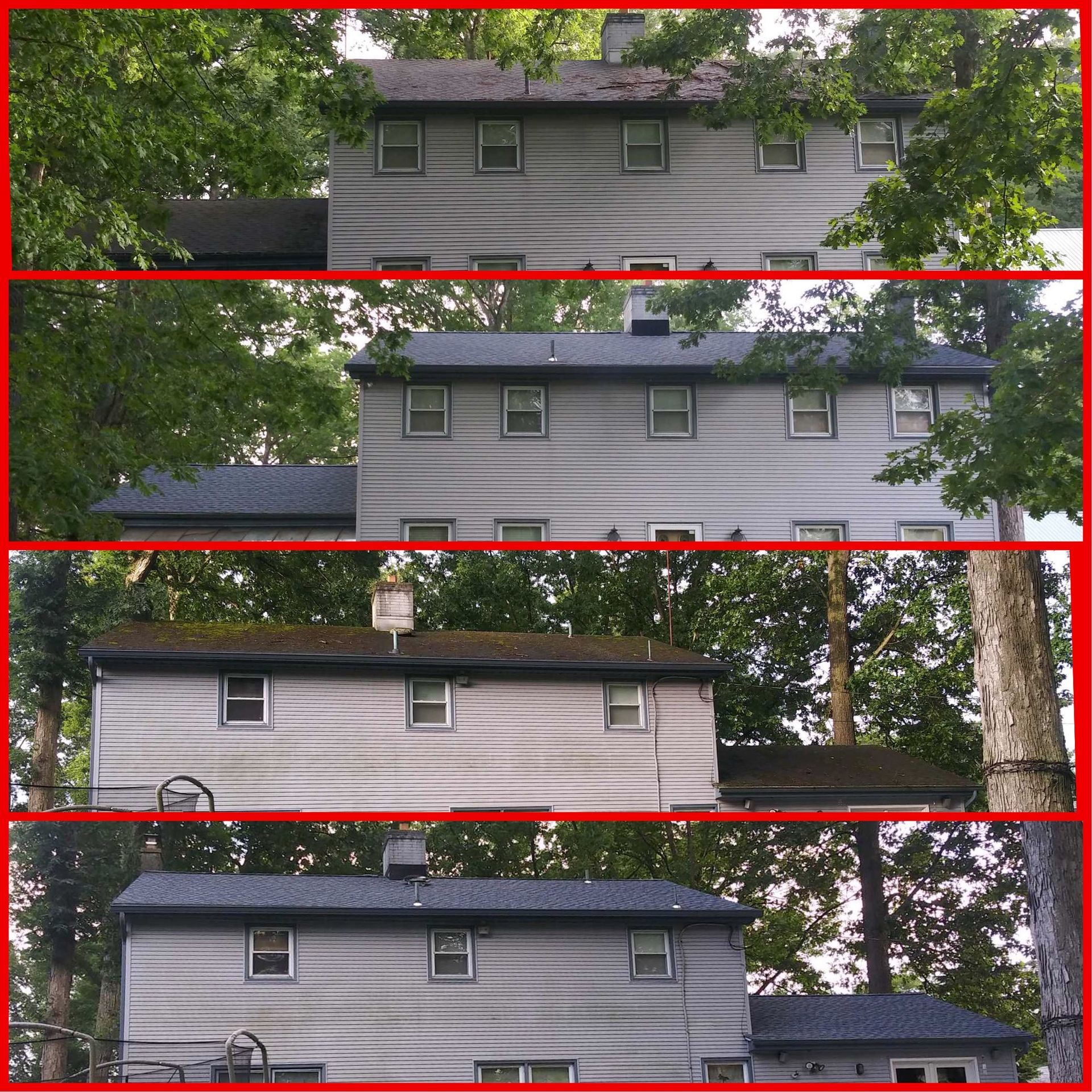 Four-panel image of a gray house with a dark roof, showing different stages of roof cleaning.