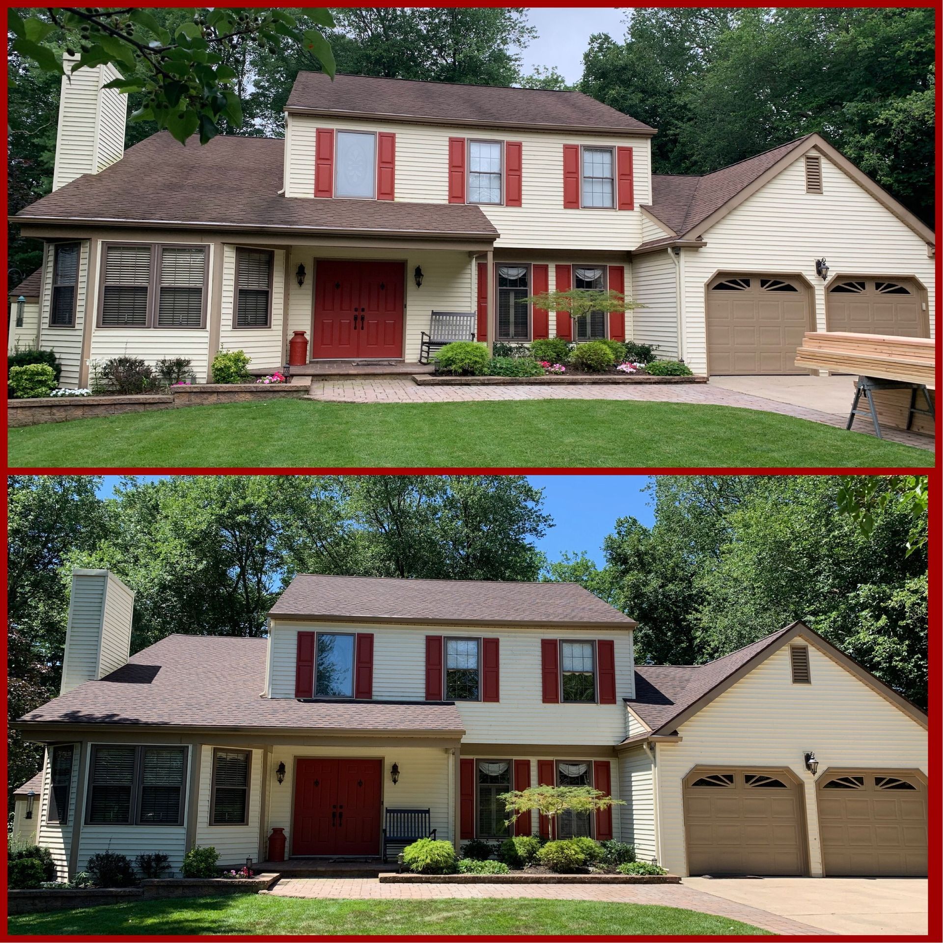 Two-story house exterior before and after painting, tan siding, red shutters and door, brown roof, green lawn.