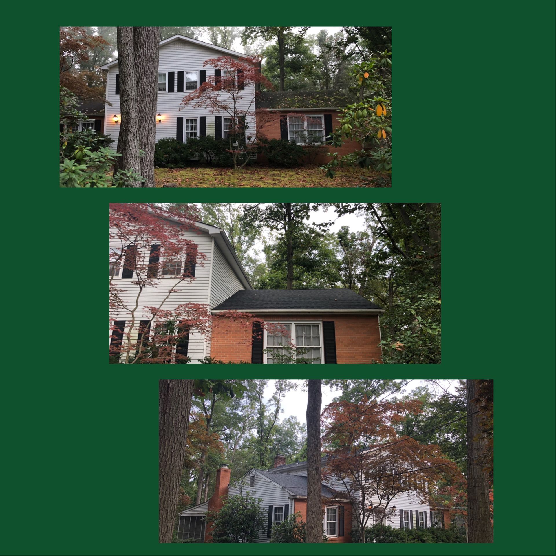 Three views of a two-story brick and white-sided house surrounded by trees; autumn leaves.
