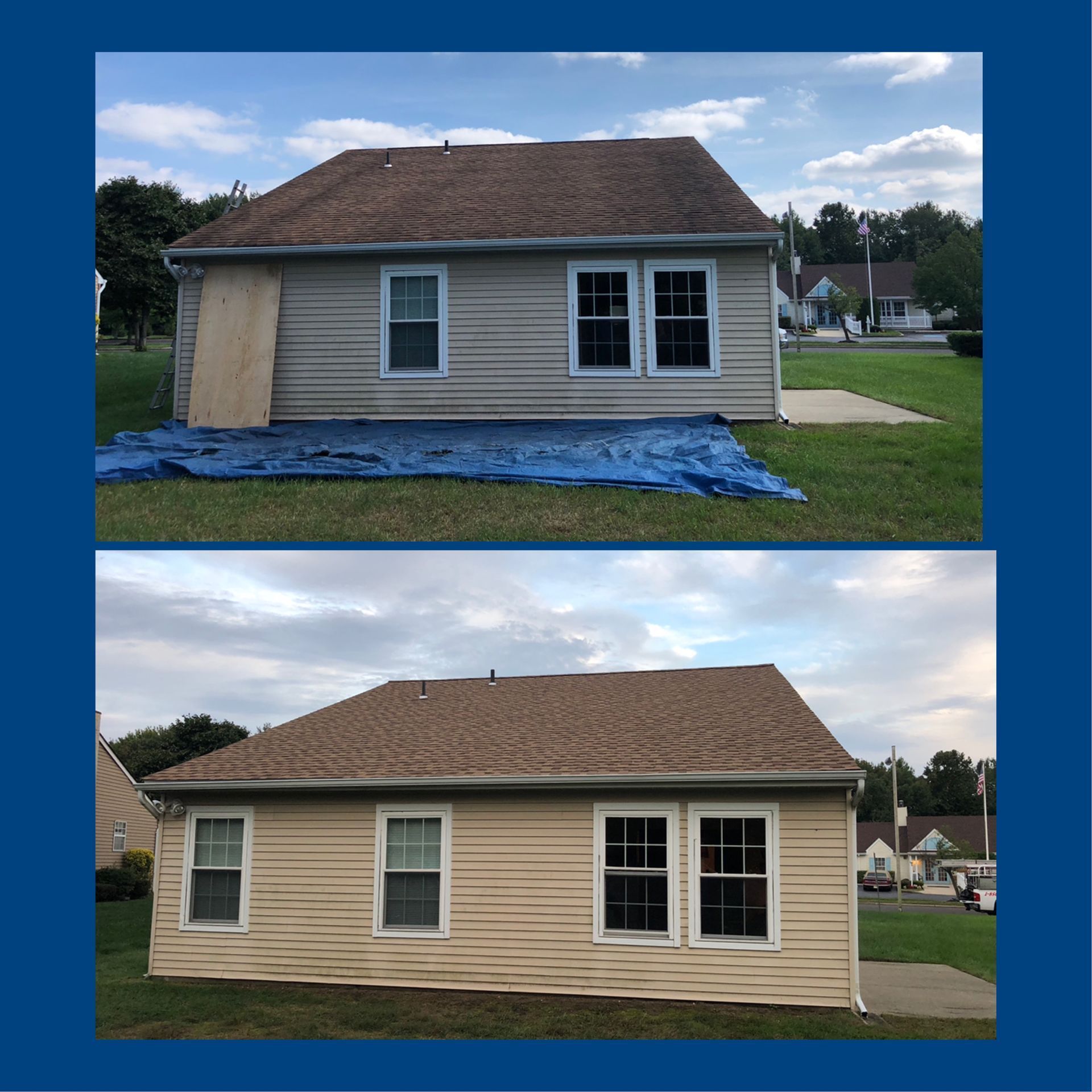 Before and after of a house exterior cleaning, showing faded tan siding, and brown roof.