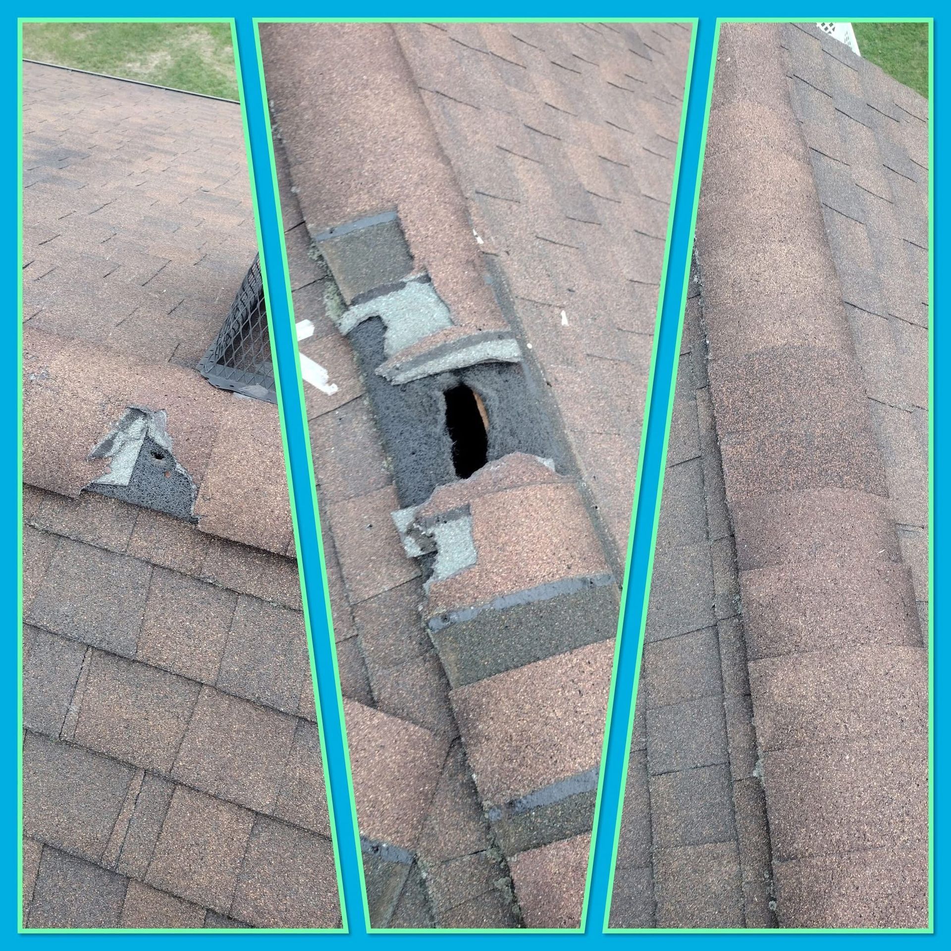 Damaged asphalt shingle roof with multiple holes, brown shingles, and visible underlayment.