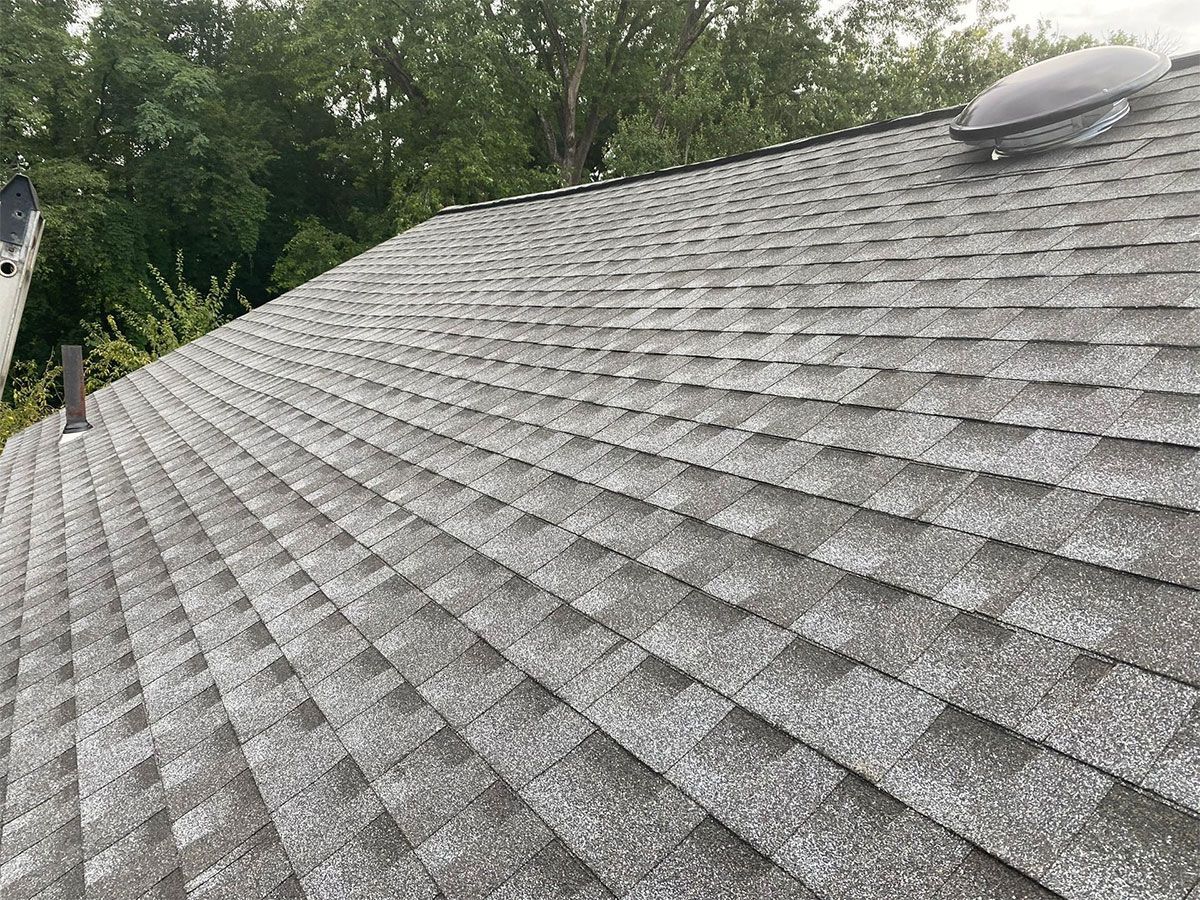 Gray asphalt shingle roof with a skylight and chimney against a background of green trees.