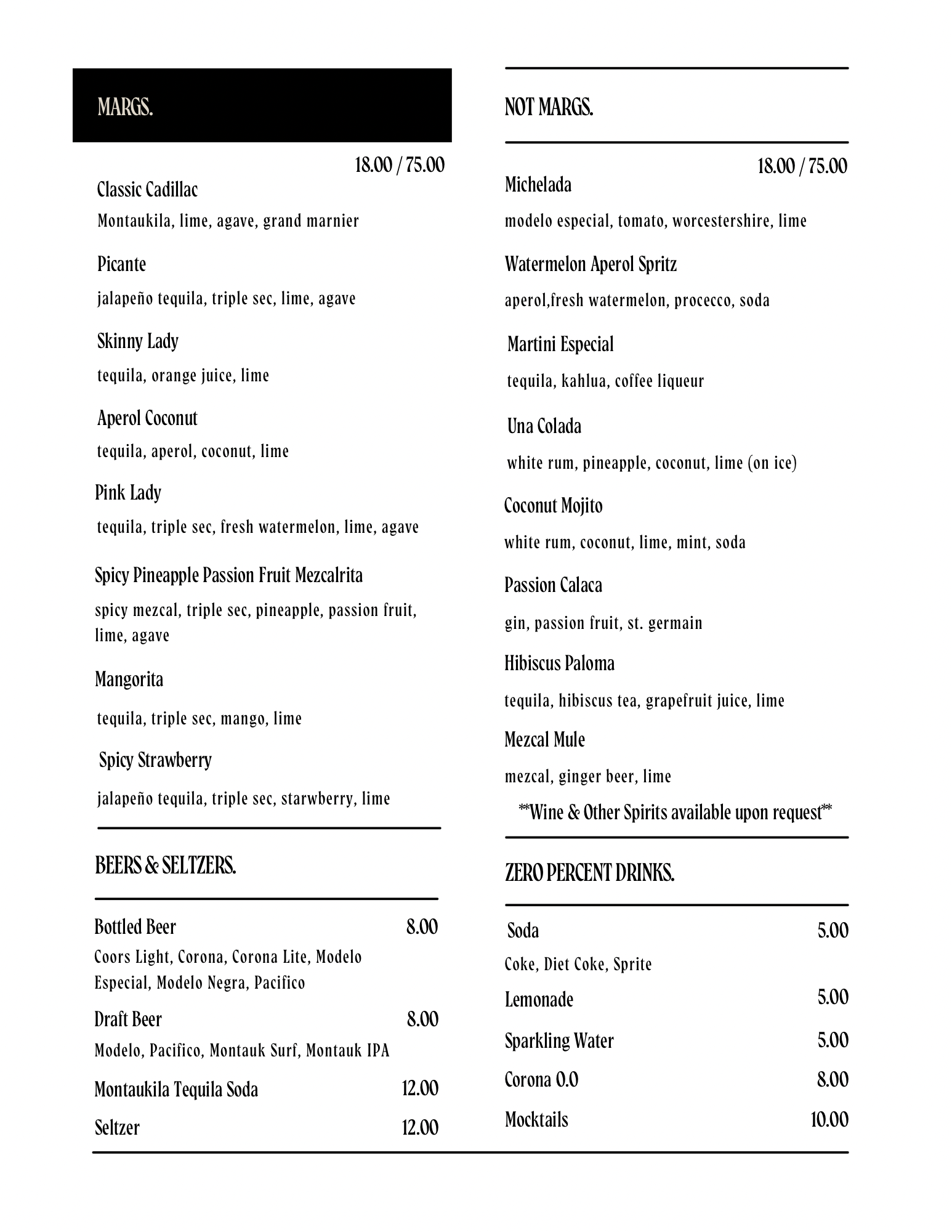 Menu with food and drink options. Black and white, with prices listed.