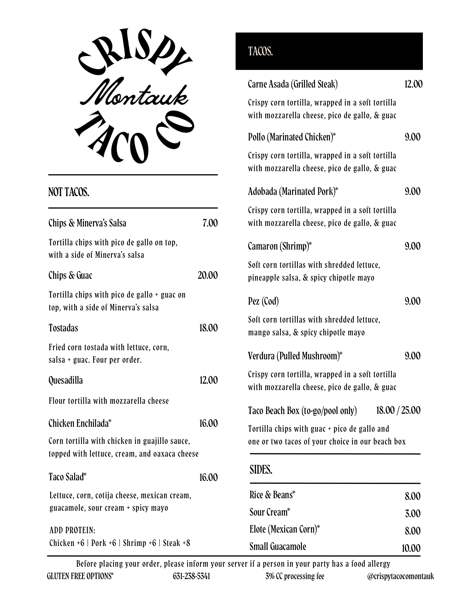 Menu for Crispy Montauk Taco Co., featuring food and drink options with prices.