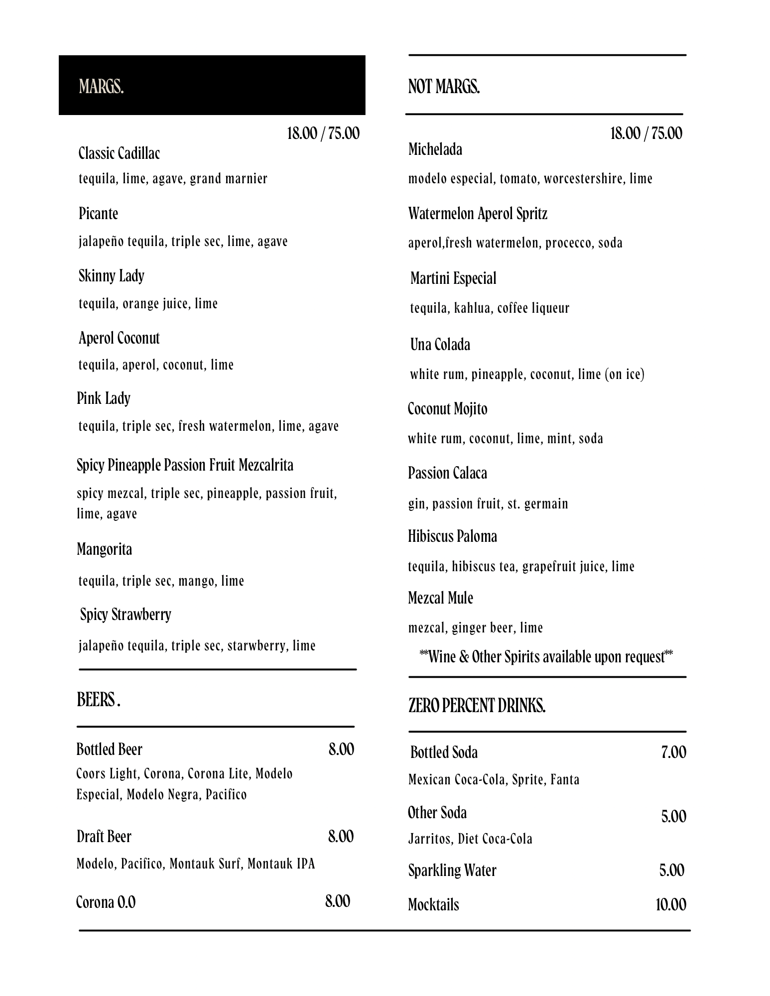 Menu for a bar with listings for drinks and food.