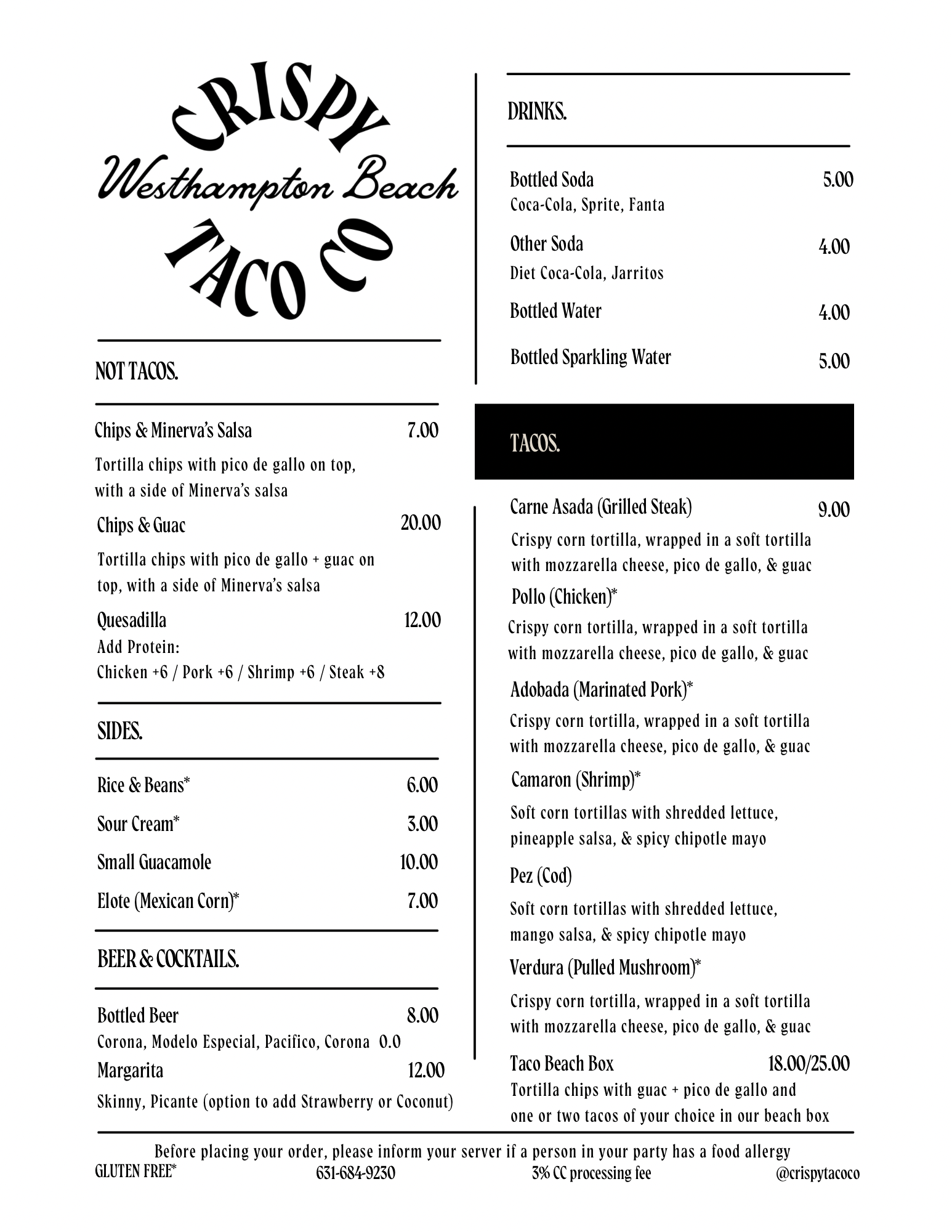 Menu for Crispy Taco Co. in Westhampton Beach; includes appetizers, sides, tacos, and drinks.
