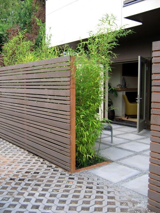 Wooden slatted fence with bamboo and a concrete patio.