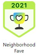 A trophy with a heart on it and the words `` neighborhood fave '' written below it 2021