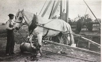 A black and white photo of a horse being used to drill a well