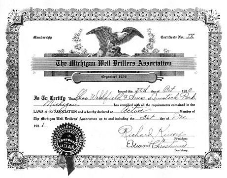 A black and white certificate from the michigan well drillers association