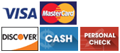 Visa, Mastercard, Discover, Cash and Personal Check