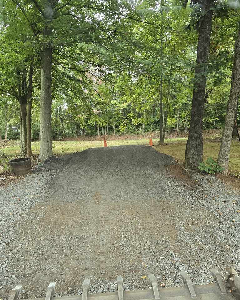 A gravel road going through a forest with trees on both sides