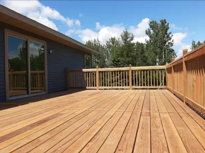 A newly constructed wooden deck featuring light-colored planks, a wooden railing, and a view of trees under a blue sky.