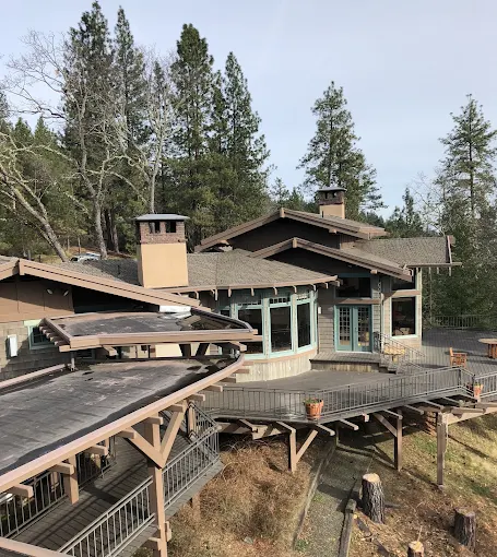 Rustic multi-level house with a brown roof and deck in a forest.