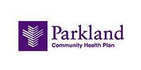 The parkland community health plan logo is purple and white.
