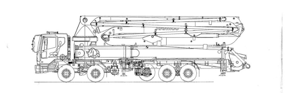 Line drawing of a concrete pump truck, side view. Detailed engineering illustration, showing mechanical components.