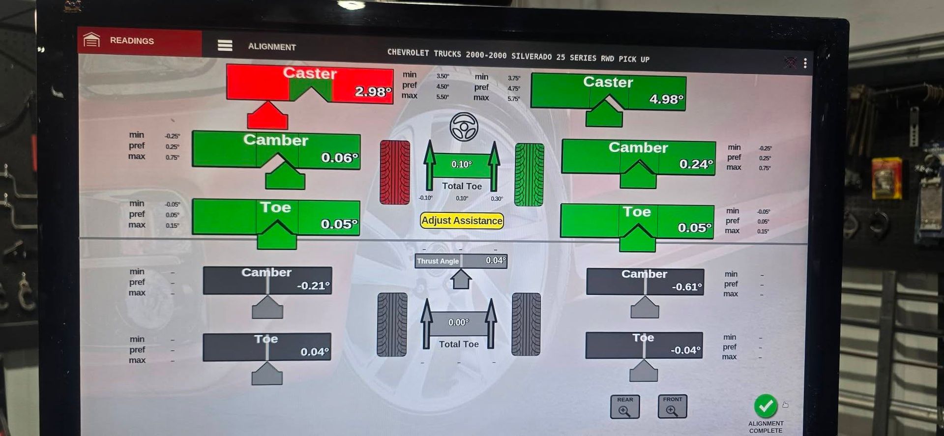 Industrial control screen with green and red status indicators and a central equipment diagram on a monitor