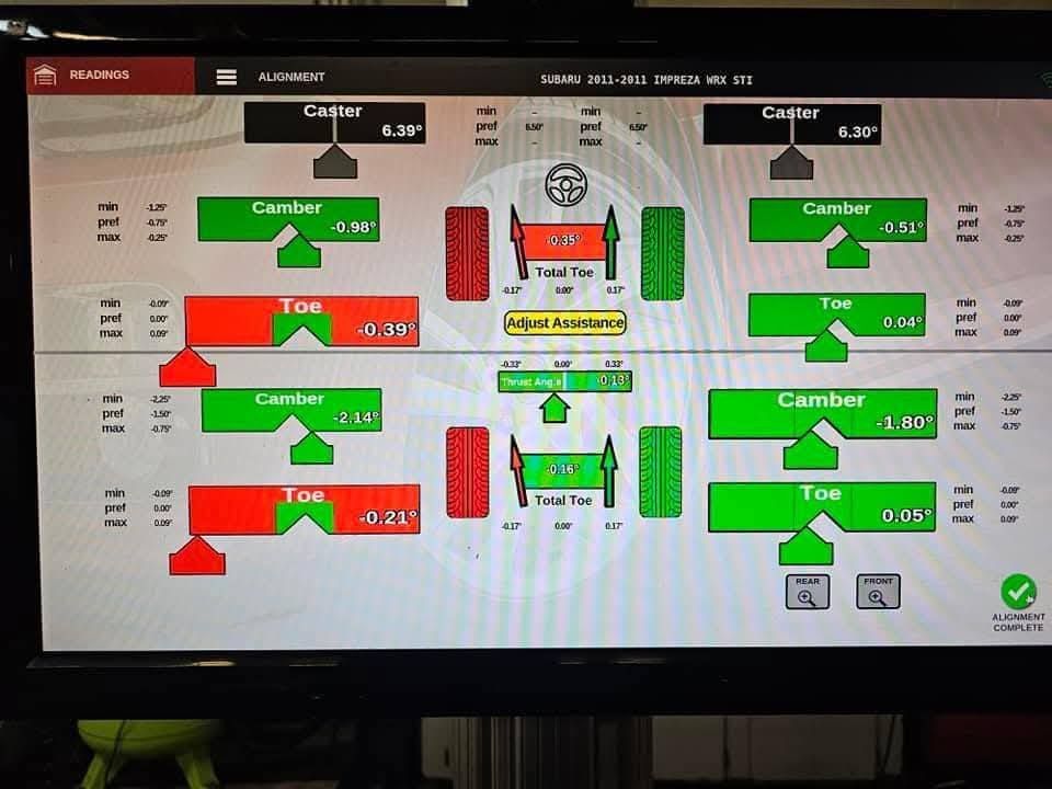 Dashboard screen showing a vehicle status diagram with green and red indicators and tire/camera readings.