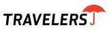 A logo for travelers j with a red umbrella in the middle.