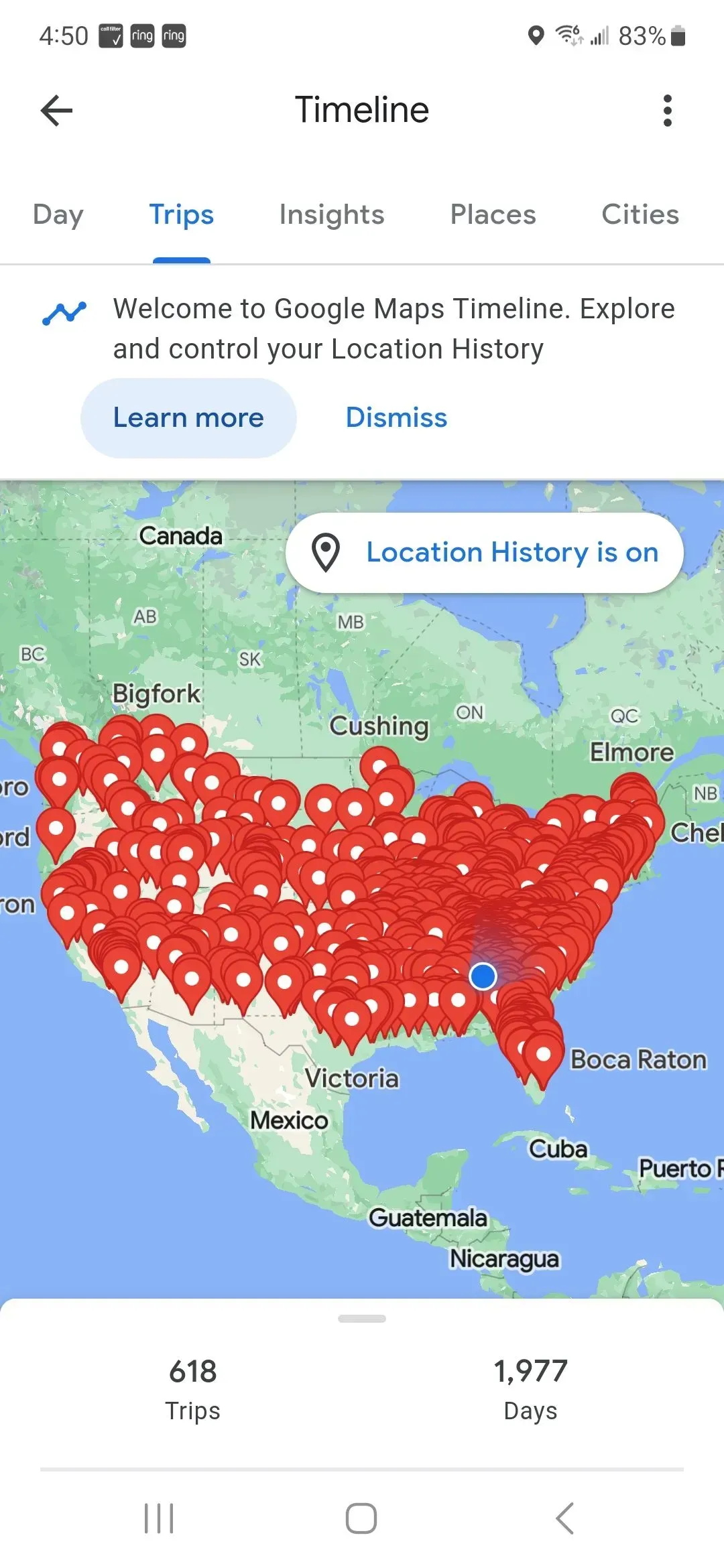 Map of the United States with numerous red markers, possibly indicating locations. Canada and Mexico are also visible.