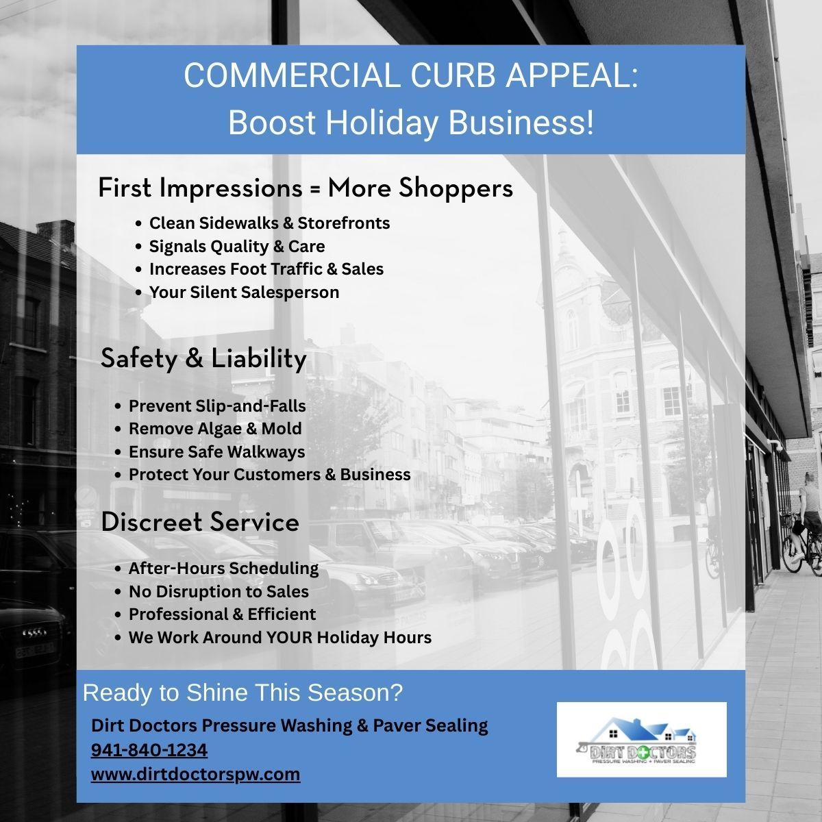 Blue flyer for commercial curb appeal services, highlighting first impressions, safety, and discreet service.