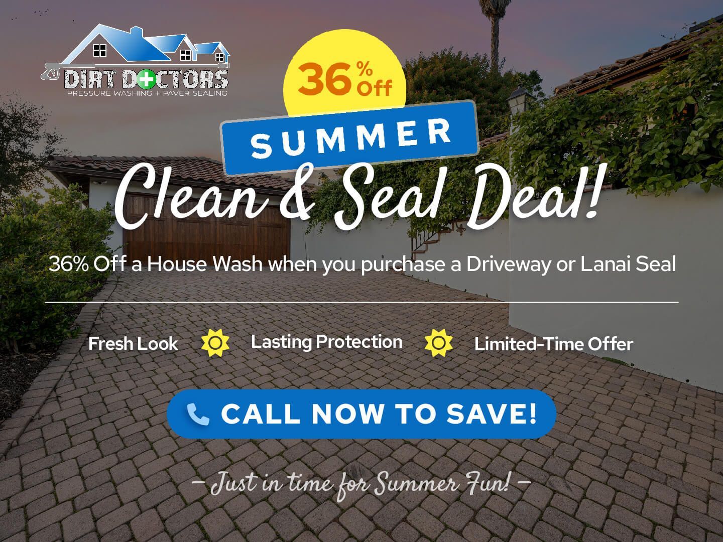 Summer clean and seal deal ad with call-to-action button and 36% off badge