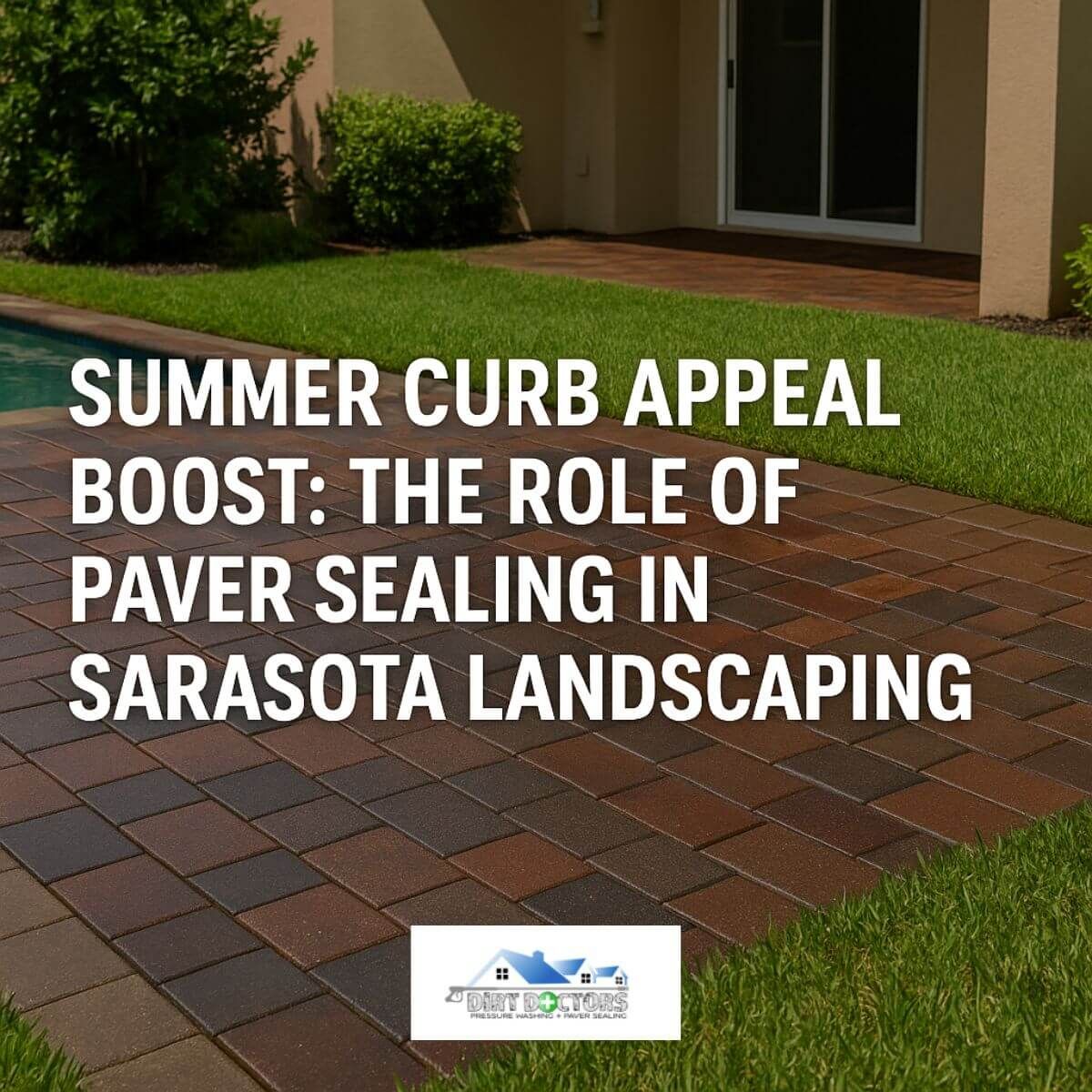 Patio pavers by a lawn with text: “Summer Curb Appeal Boost: The Role of Paver Sealing in Sarasota Landscaping”